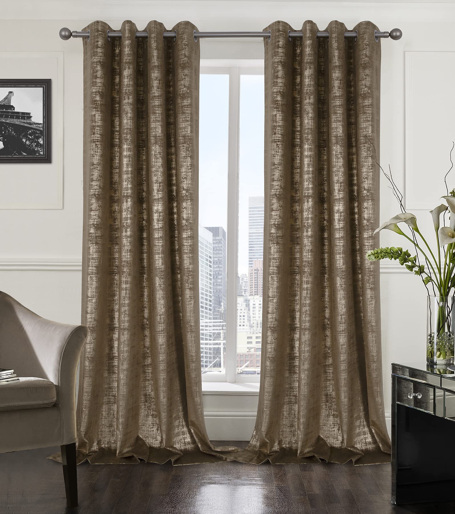 Mocha Velvet 108" Long Curtains with Gold Foil Print Set of 2 Luxury Window Treatments