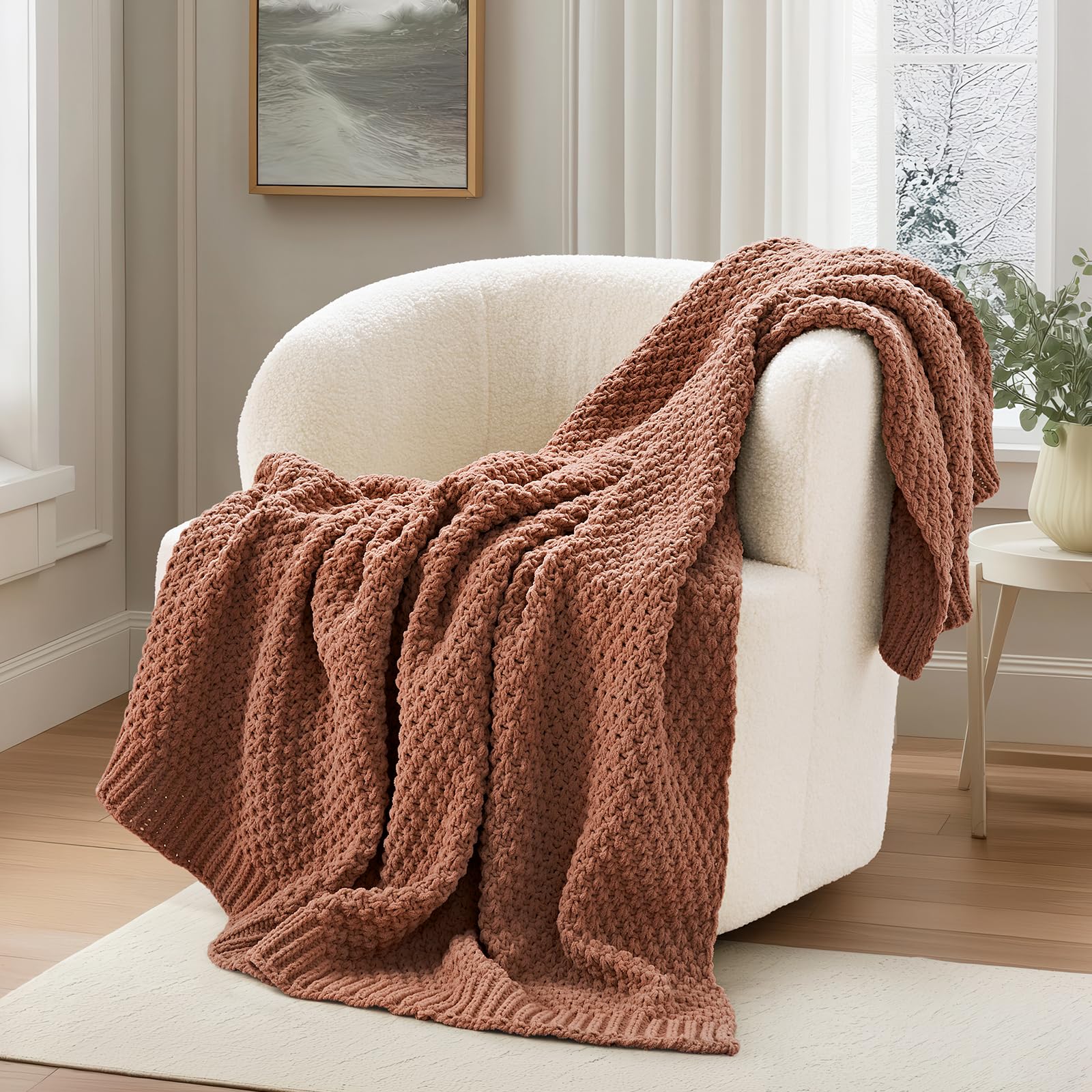 EVERGRACEHOME Chunky Chenille Knit Throw Blanket for Couch, Soft Luxurious Moss Stitch Blankets for Bed, Cozy Decorative Farmhouse Knitted Throws for Sofa, Mocha Brown, 50" x 60"