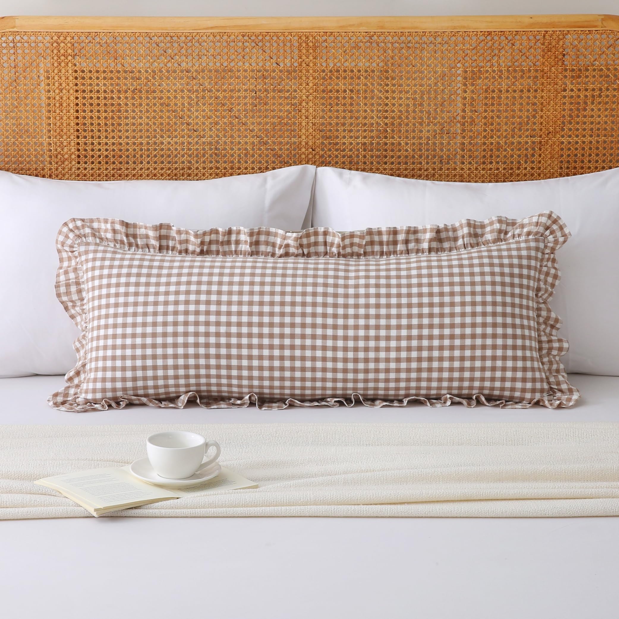 18x18 Taupe White Checkered Cotton Pillow Covers Ruffle Trim Zipper Decor Cushion Cases Set of 2