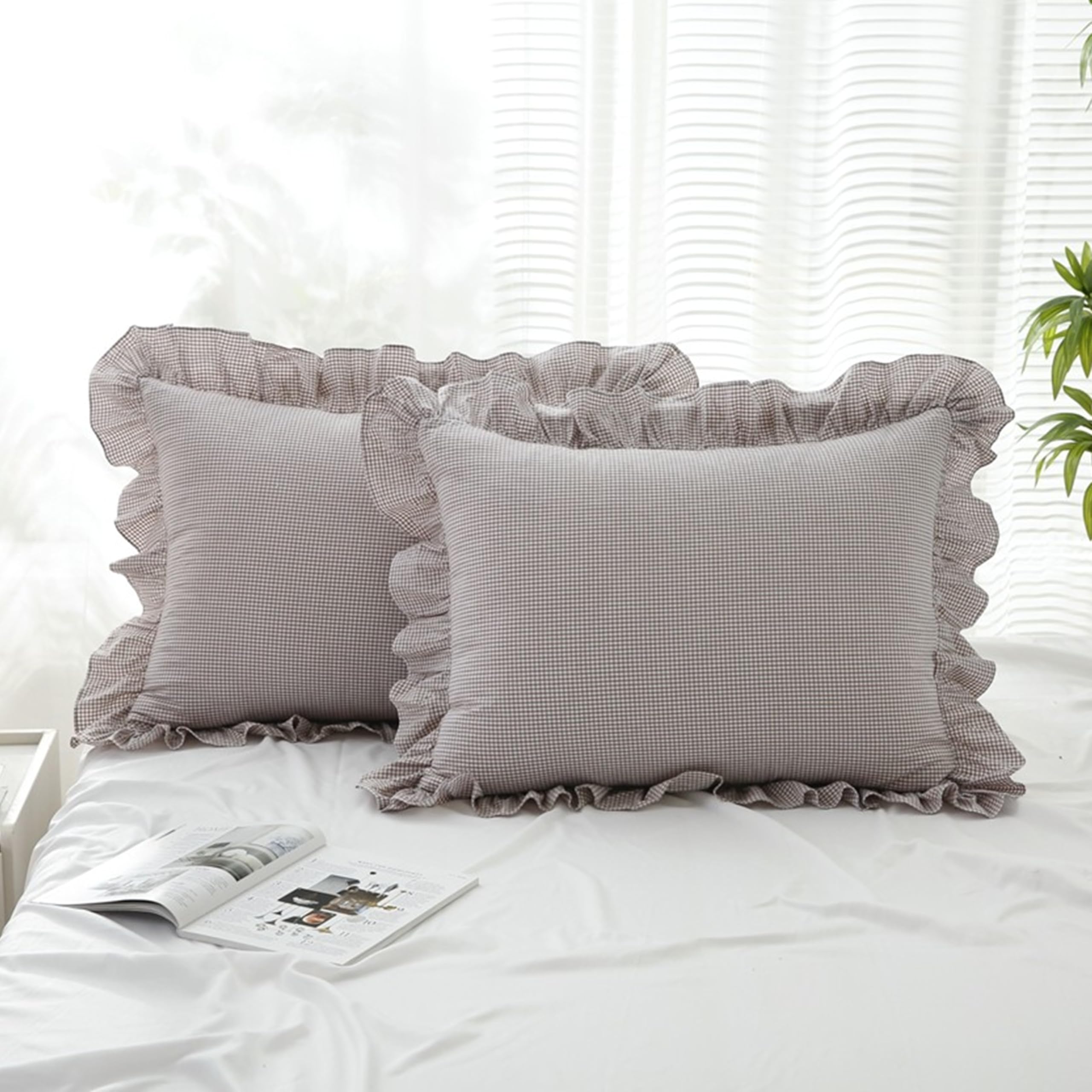 18x18 Taupe White Checkered Cotton Pillow Covers Ruffle Trim Zipper Decor Cushion Cases Set of 2