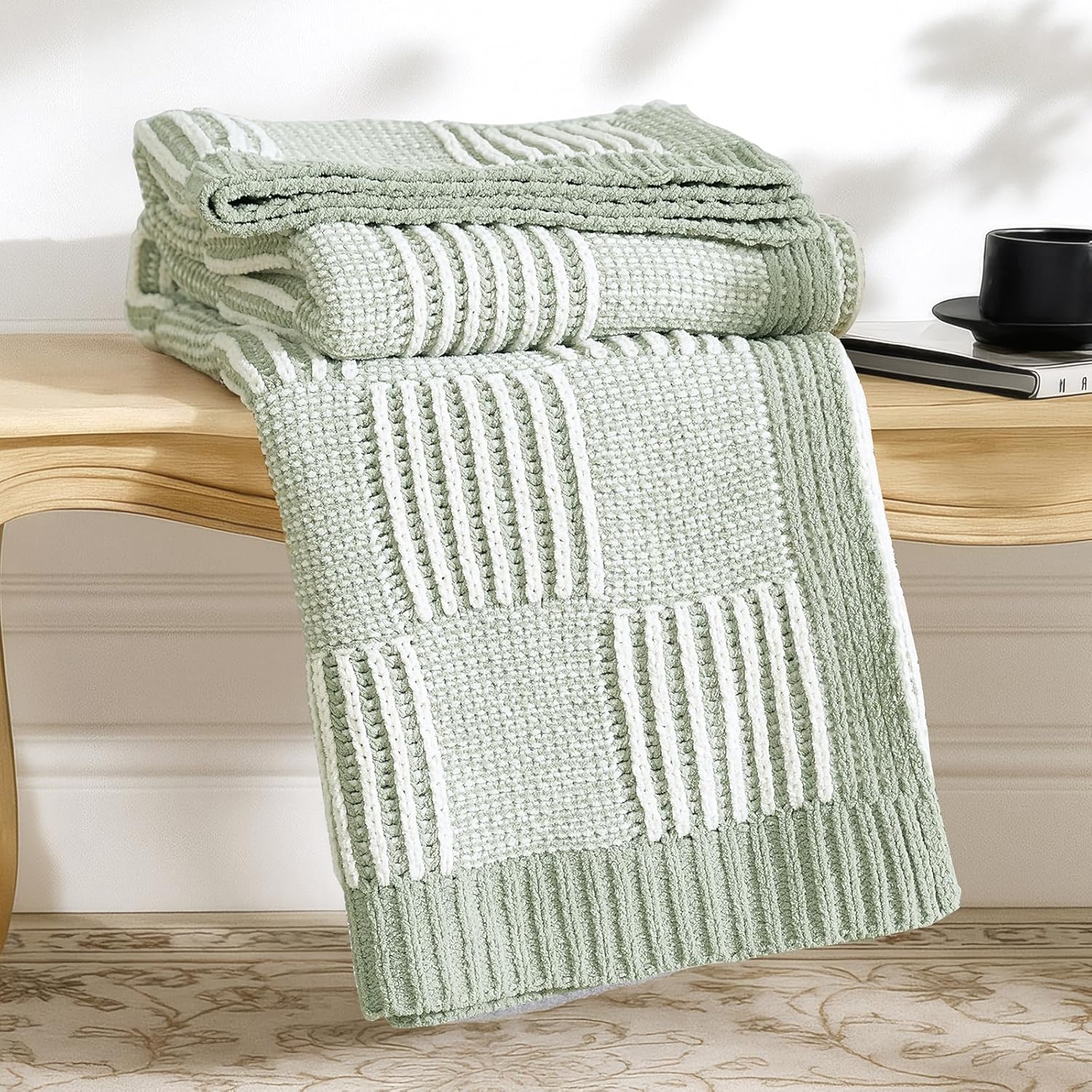 Sage Green Chunky Chenille Knit Throw Blanket 50x60 Inch Checkered Decor Blanket for Couch Bed