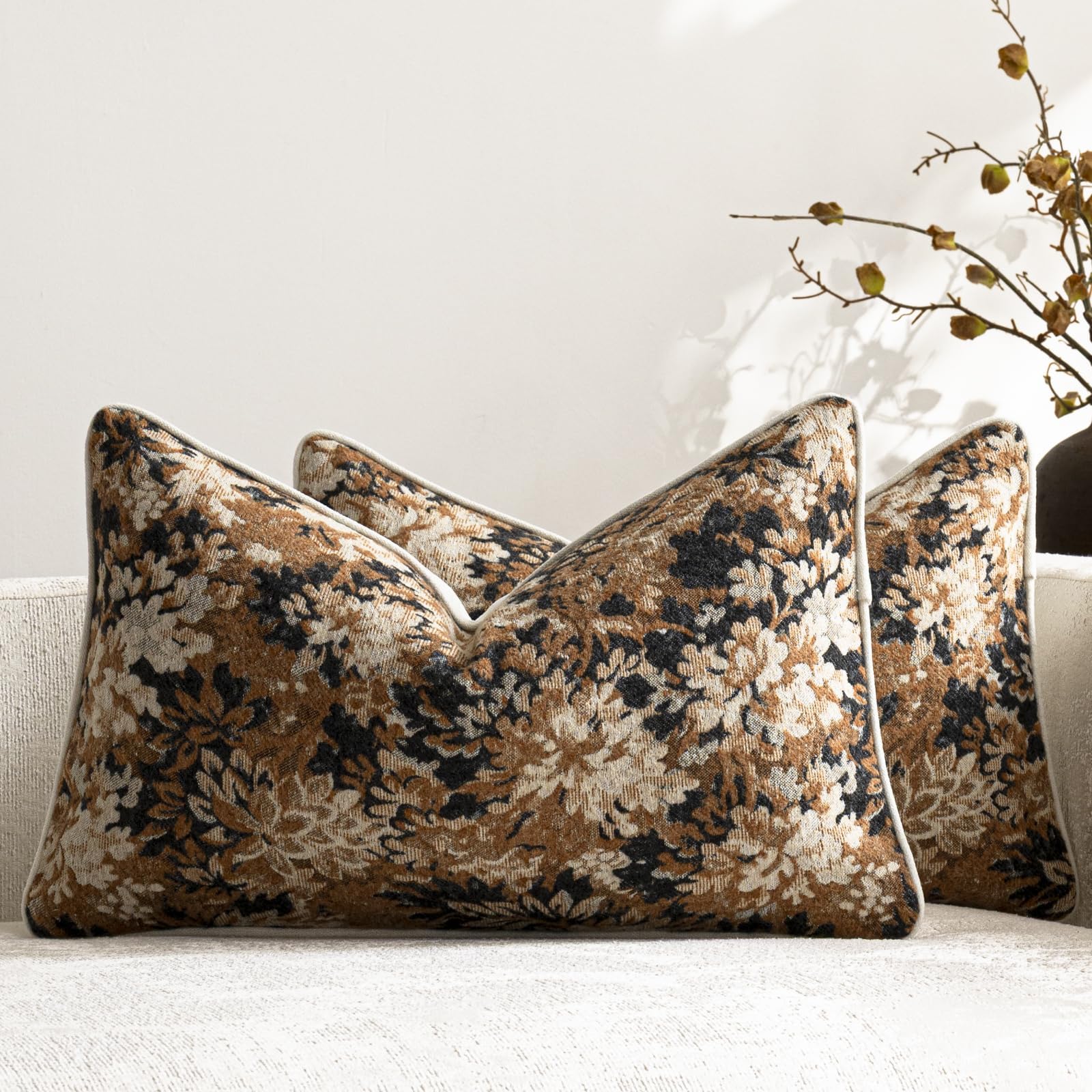 DEZENE Pack of 2 Vintage Floral Throw Pillow Covers 20x20 Boho Farmhouse Accents Chenille Square Decorative Pillow Cases for Living Room Couch Bed Home Decor, Dark Brown