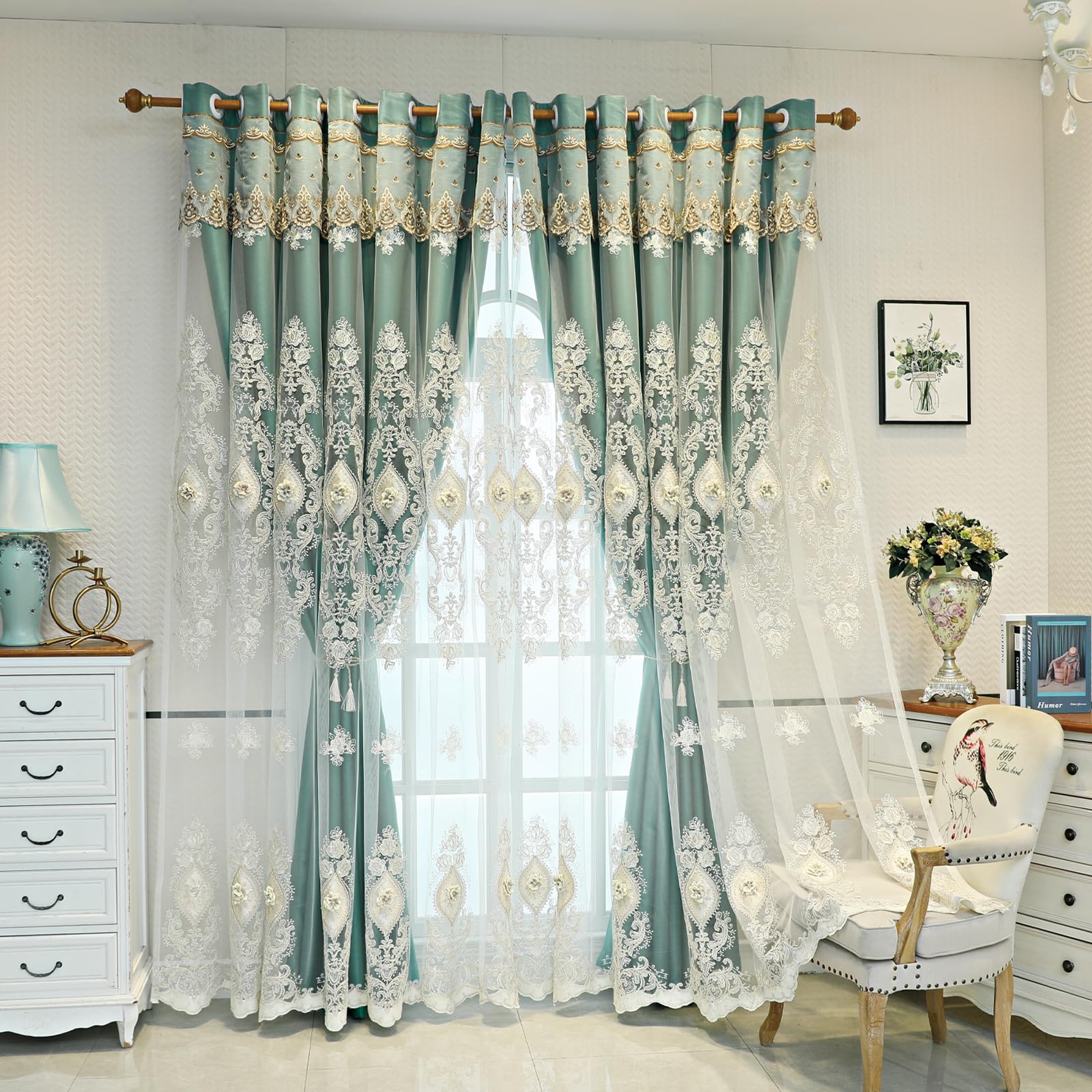 European Luxury 3D Relief Embroidery Curtains - Double-Layer Blackout Drapes, Flower Embroidered Sheer Yarn, for Living Room & Bedroom (1 Pair, Pink, W51 L84 inch)