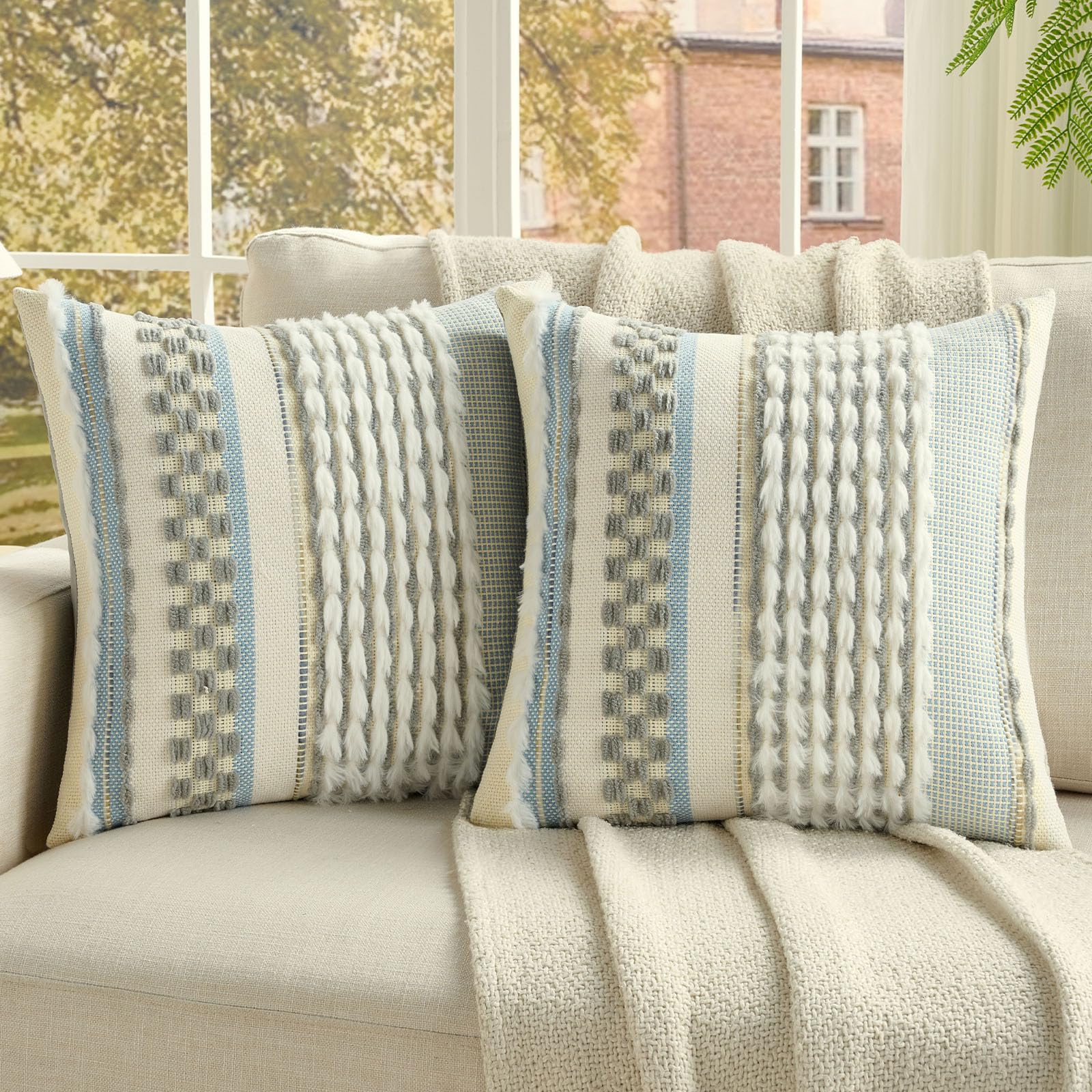FUTEI Pack of 2 Boho Chenille Decorative Throw Pillow Covers 18x18 Inch Soft Plush Tufted Striped Textured Cushion Case,Farmhouse Accent for Couch Bed Living Room, Orange