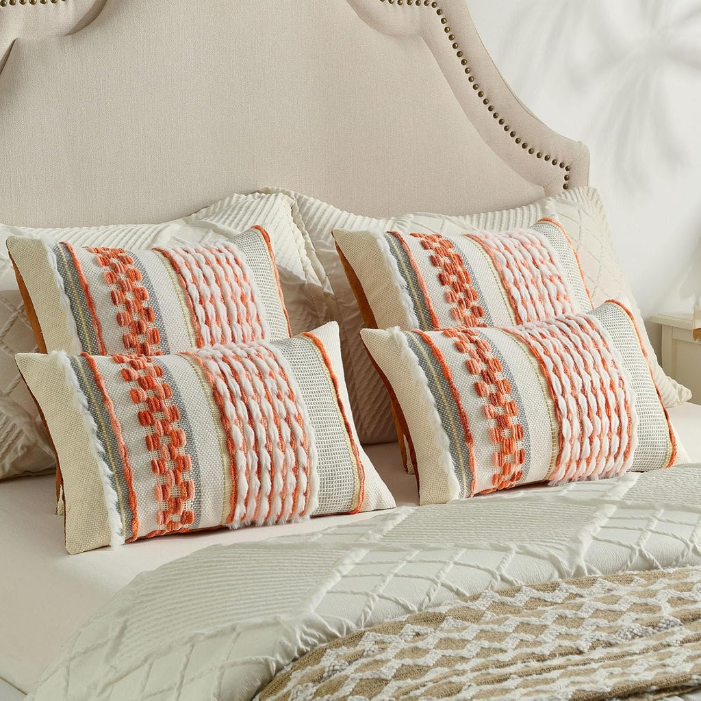FUTEI Pack of 2 Boho Chenille Decorative Throw Pillow Covers 18x18 Inch Soft Plush Tufted Striped Textured Cushion Case,Farmhouse Accent for Couch Bed Living Room, Orange