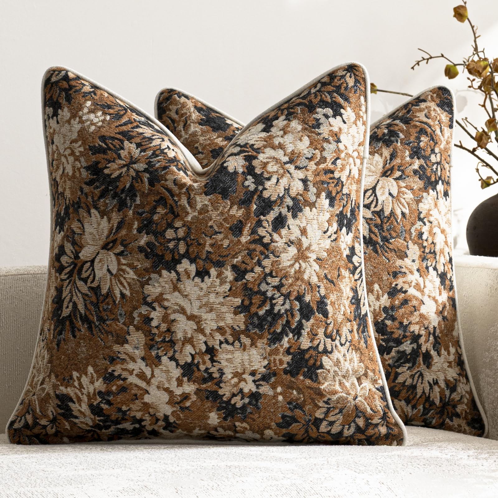 DEZENE Pack of 2 Vintage Floral Throw Pillow Covers 20x20 Boho Farmhouse Accents Chenille Square Decorative Pillow Cases for Living Room Couch Bed Home Decor, Dark Brown