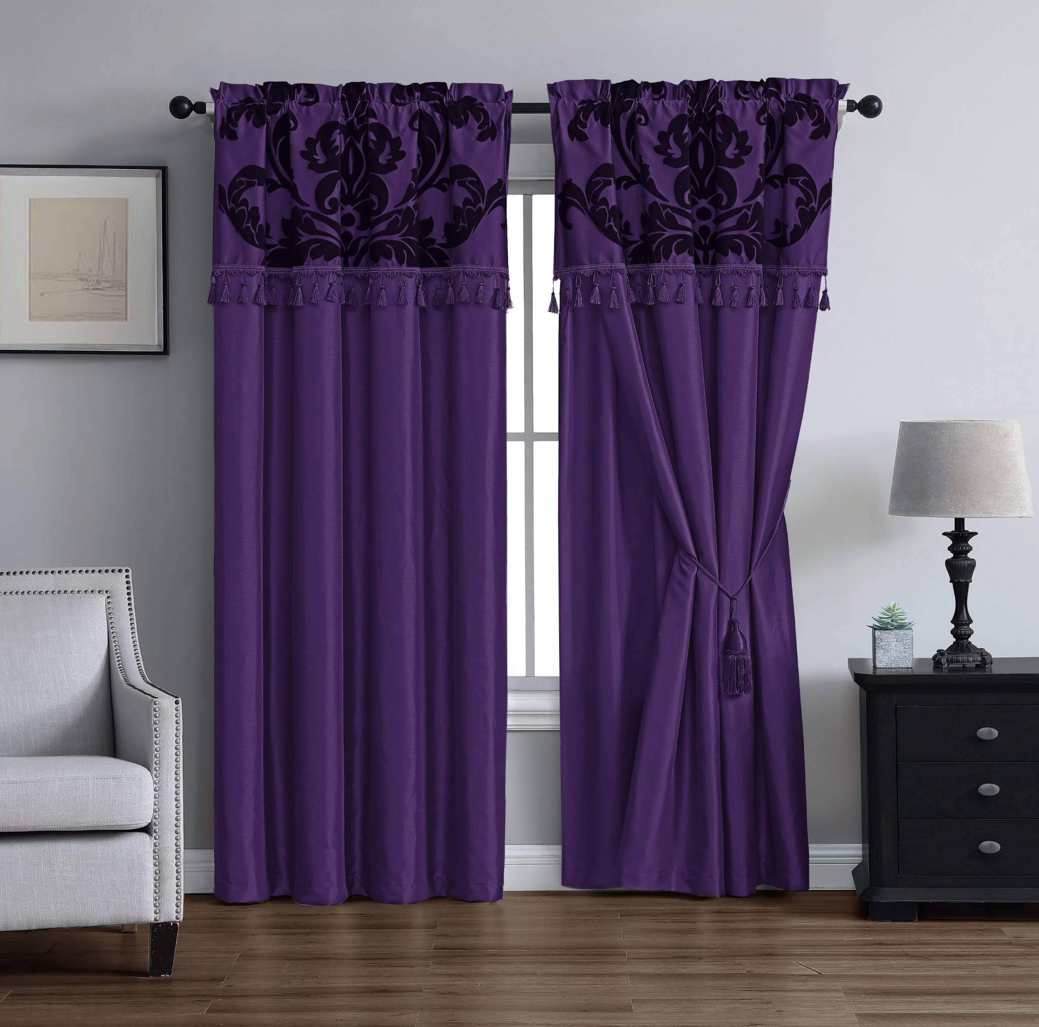 Chezmoi Collection Royale 4-Piece Jacquard Floral Window Curtain/Drape Set with Sheer Backing Valance Tassels, Champagne