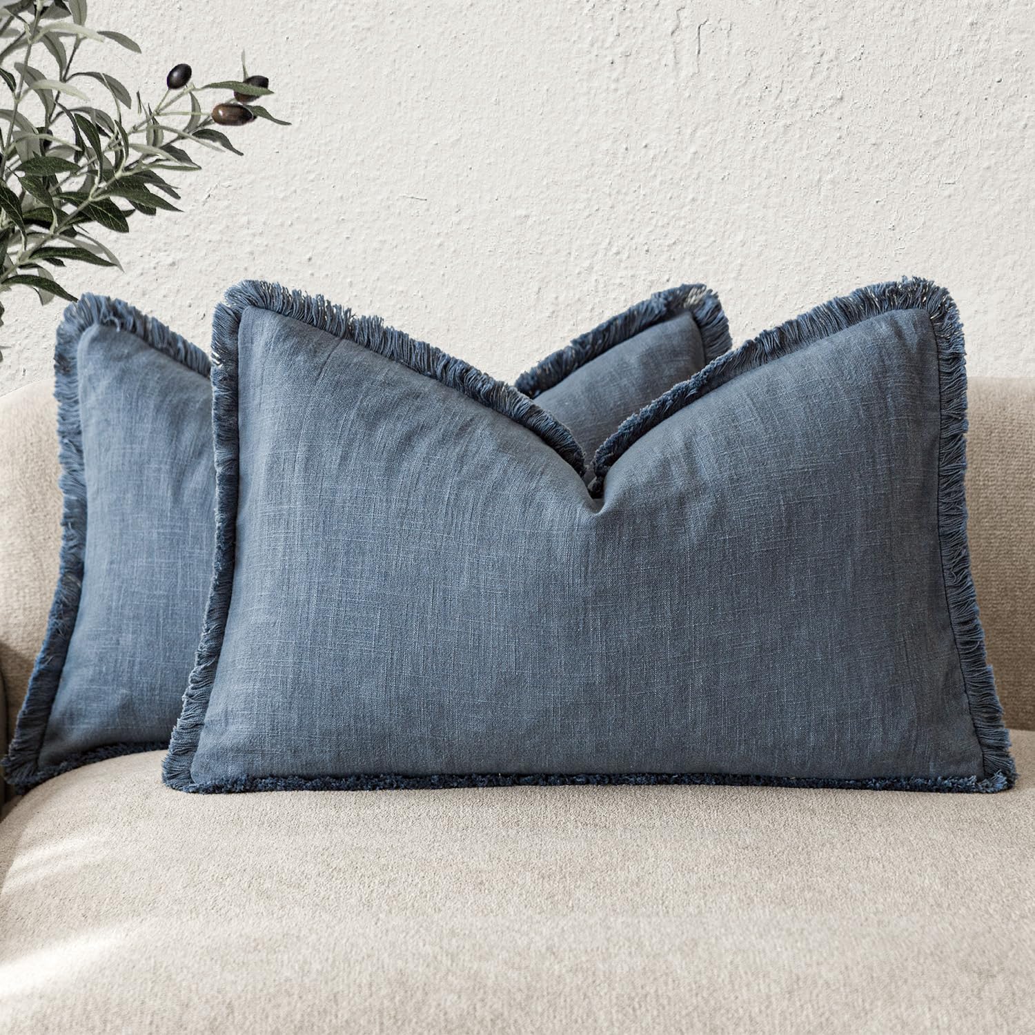 Foindtower Set of 2 Decorative Linen Fringe Throw Pillow Covers Boho Farmhouse Cushion Cover with Tassels Soft Accent Pillowcase for Couch Chair Sofa Bed Living Room Home Decor,20×20 Inch,Sky Blue