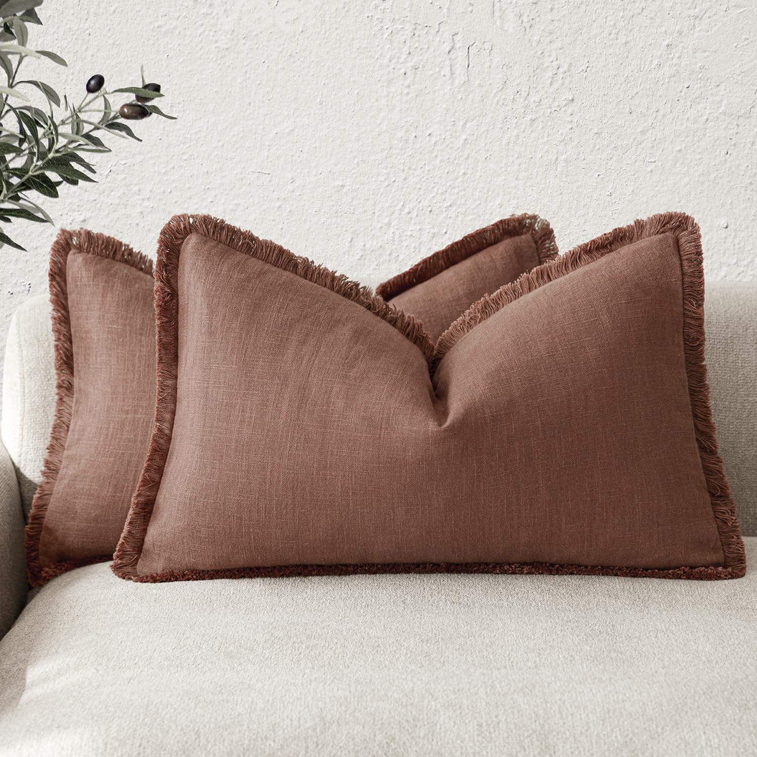 Foindtower Set of 2 Decorative Linen Fringe Throw Pillow Covers Boho Farmhouse Cushion Cover with Tassels Soft Accent Pillowcase for Couch Chair Sofa Bed Living Room Home Decor,20×20 Inch,Sky Blue