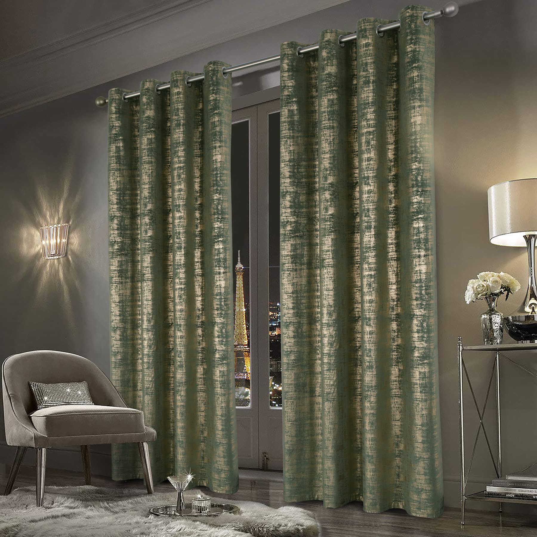 Mocha Velvet 108" Long Curtains with Gold Foil Print Set of 2 Luxury Window Treatments
