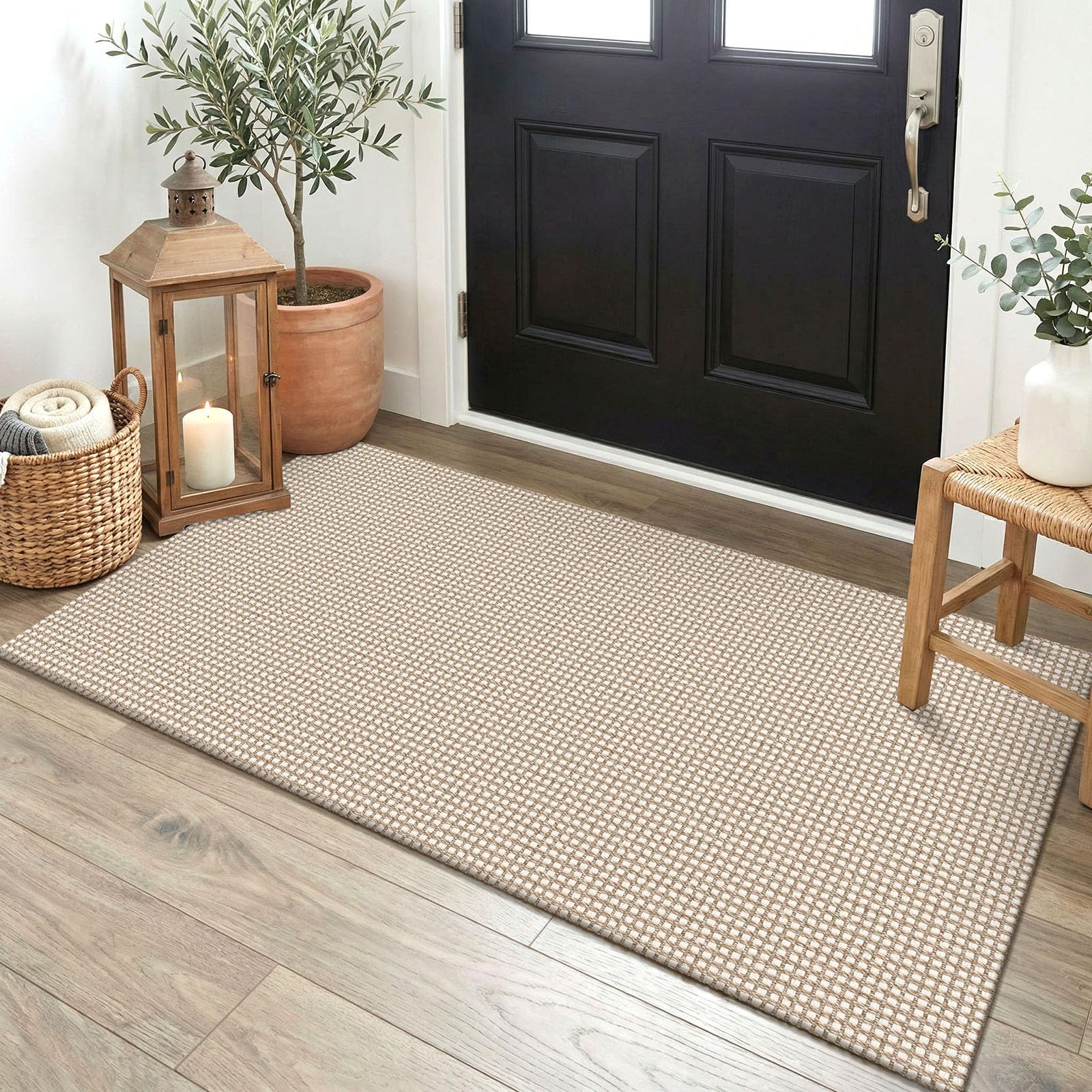 EARTHALL Woven Area Rug 4x6 Ft Washable Rugs for Entryway Non Slip Braided Throw Rugs Bedroom Carpet Cotton Entry Rug Cotton Floor Carpets for Bedroom Dining Room Living Room, Orange/Tan/Brown
