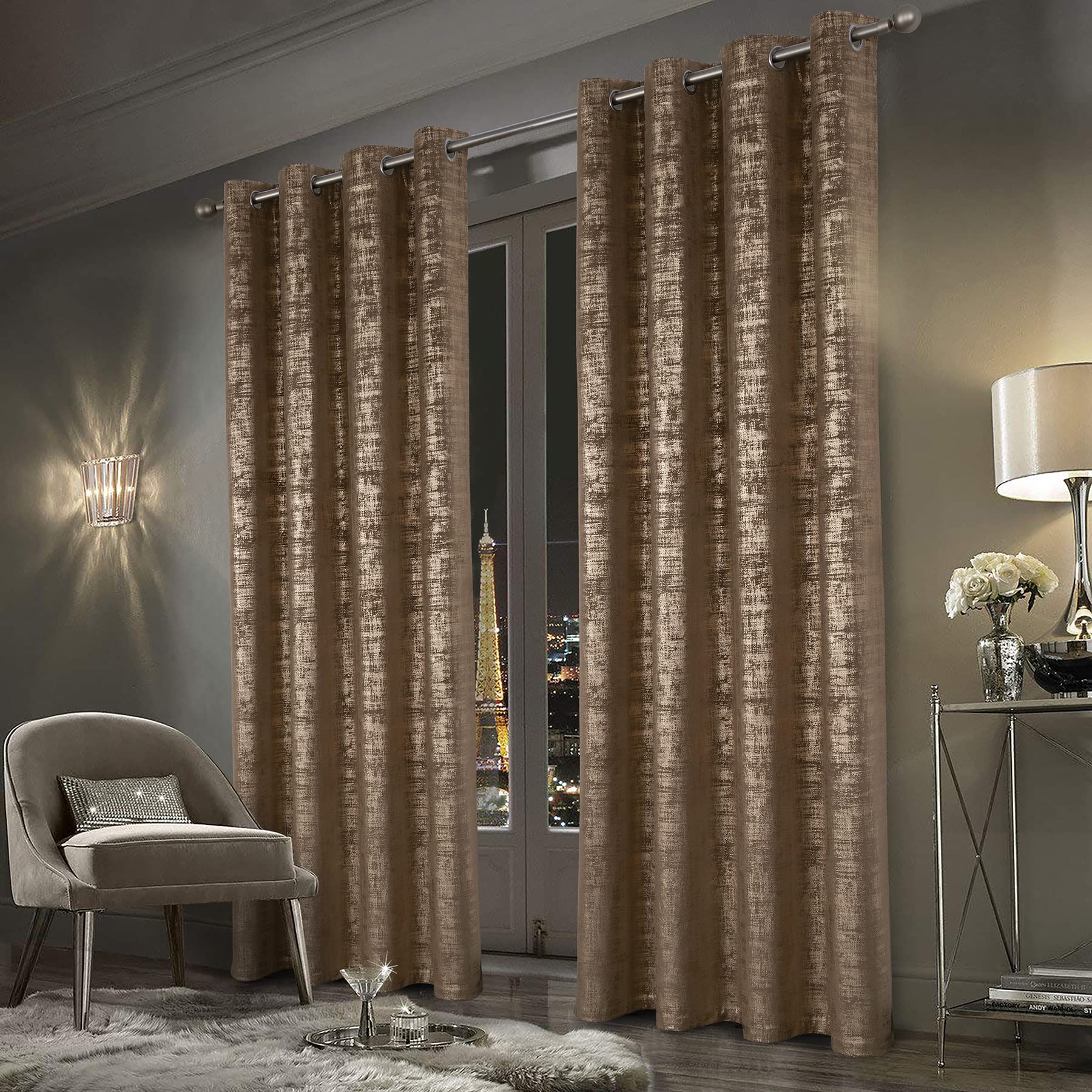 Mocha Velvet 108" Long Curtains with Gold Foil Print Set of 2 Luxury Window Treatments