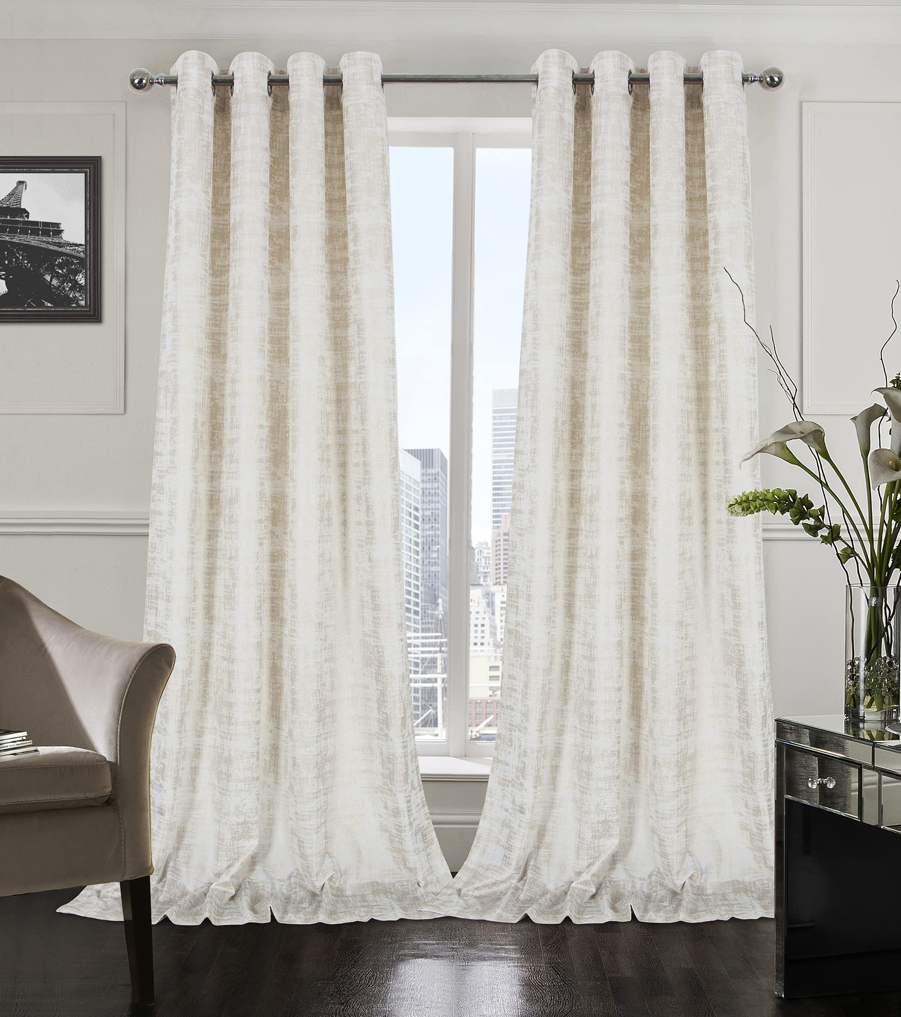Mocha Velvet 108" Long Curtains with Gold Foil Print Set of 2 Luxury Window Treatments