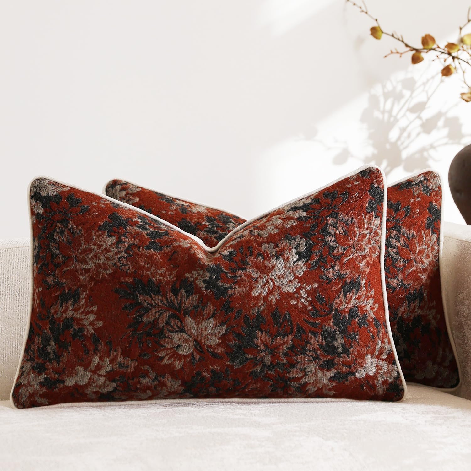 DEZENE Pack of 2 Vintage Floral Throw Pillow Covers 20x20 Boho Farmhouse Accents Chenille Square Decorative Pillow Cases for Living Room Couch Bed Home Decor, Dark Brown