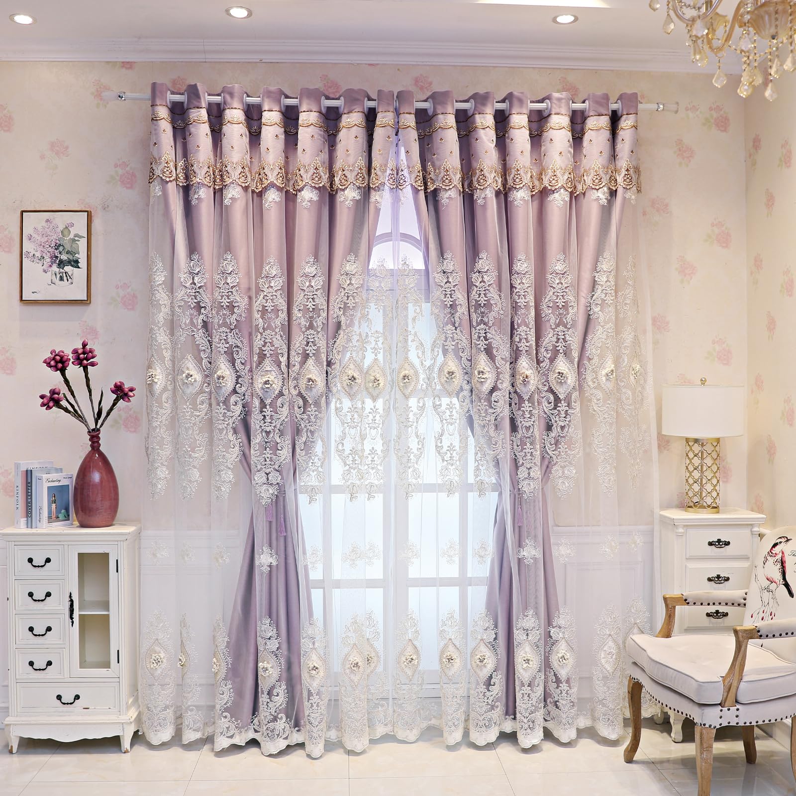European Luxury 3D Relief Embroidery Curtains - Double-Layer Blackout Drapes, Flower Embroidered Sheer Yarn, for Living Room & Bedroom (1 Pair, Pink, W51 L84 inch)