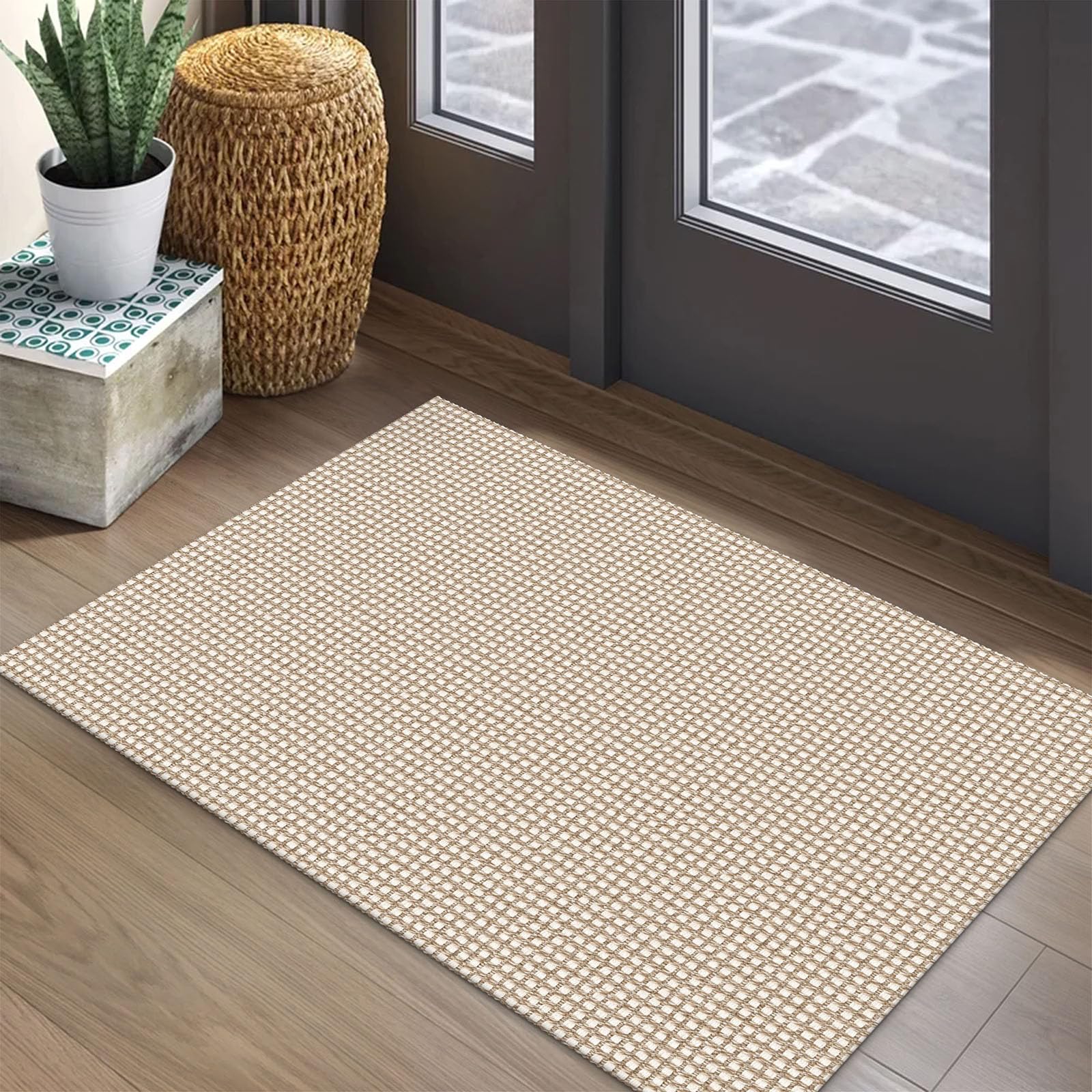 EARTHALL Woven Area Rug 4x6 Ft Washable Rugs for Entryway Non Slip Braided Throw Rugs Bedroom Carpet Cotton Entry Rug Cotton Floor Carpets for Bedroom Dining Room Living Room, Orange/Tan/Brown