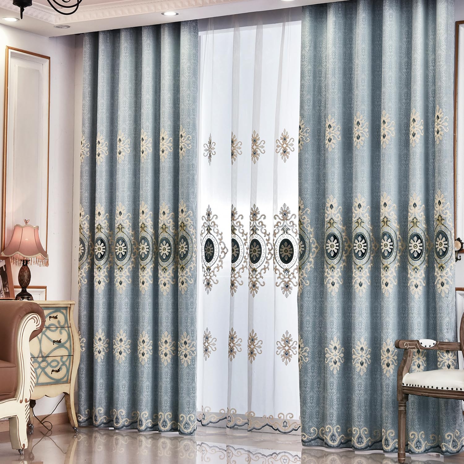 VOGOL Embroidered Curtains 84 inches Long Grommet Window Treatment Voile Panel Drape for Living Room Kitchen, Two Panels, W54 x L84 inch