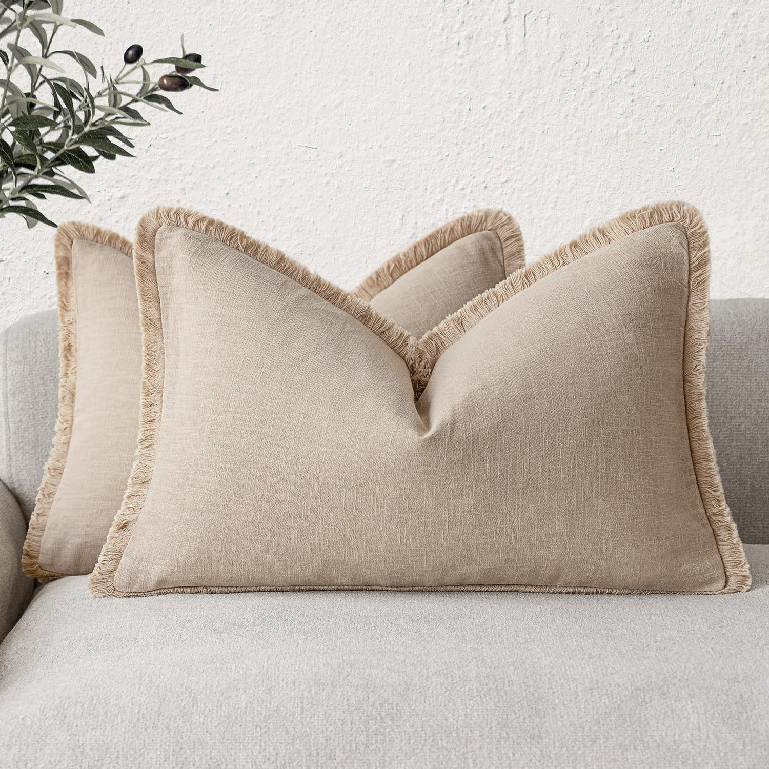 Foindtower Set of 2 Decorative Linen Fringe Throw Pillow Covers Boho Farmhouse Cushion Cover with Tassels Soft Accent Pillowcase for Couch Chair Sofa Bed Living Room Home Decor,20×20 Inch,Sky Blue