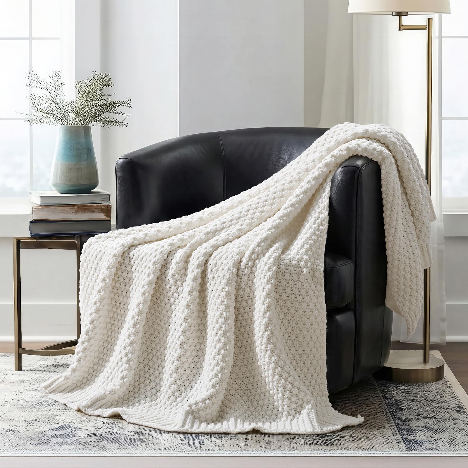 EVERGRACEHOME Chunky Chenille Knit Throw Blanket for Couch, Soft Luxurious Moss Stitch Blankets for Bed, Cozy Decorative Farmhouse Knitted Throws for Sofa, Mocha Brown, 50" x 60"