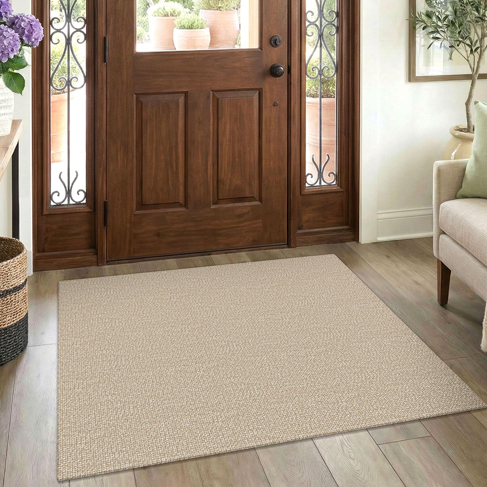 EARTHALL Washable Area Rug 4x6 Ft Non Slip Rugs for Entryway Braided Rubber Backed Bedroom Carpet Cotton Entry Rug Woven Floor Carpets for Bedroom Dining Room Living Room, Send/Beige