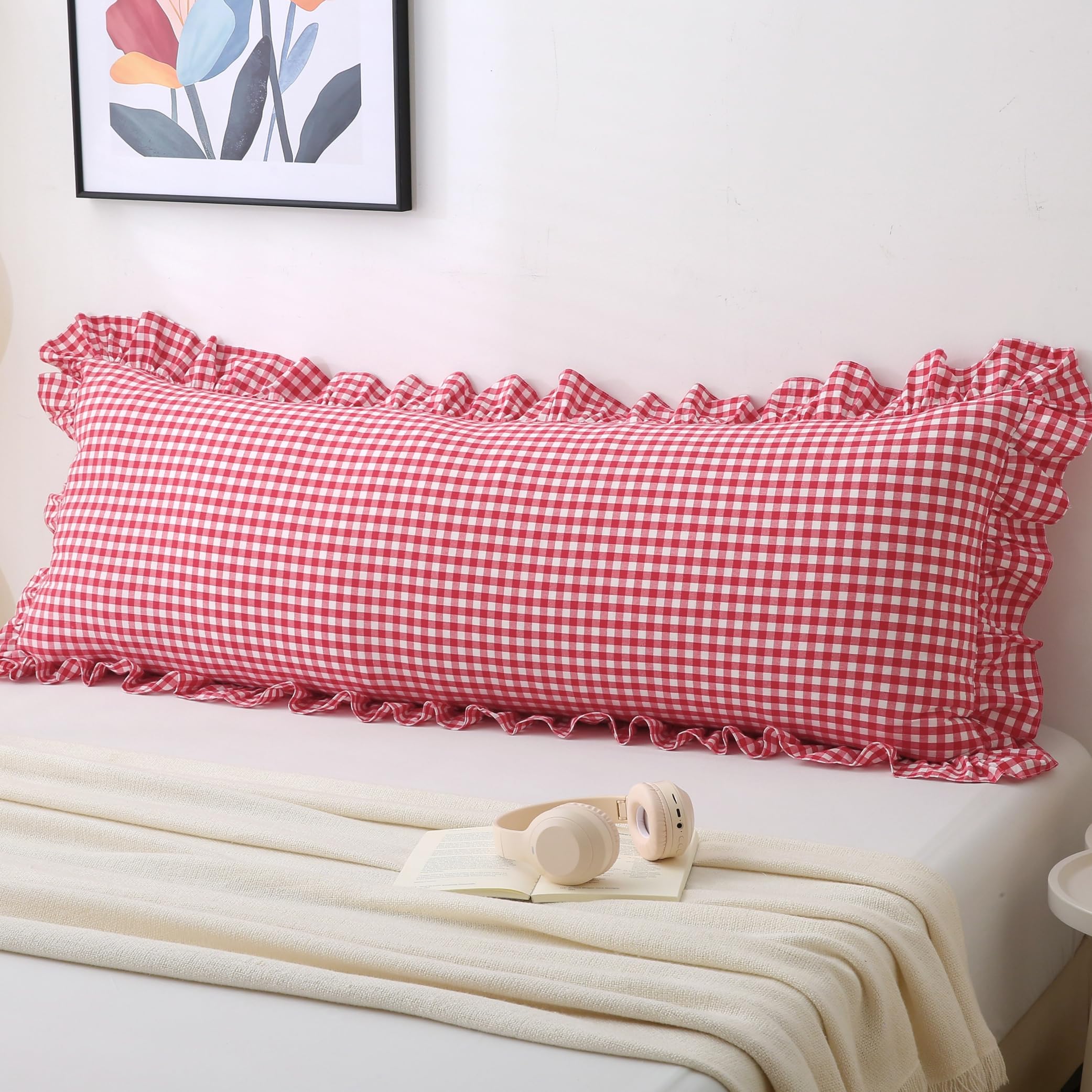 18x18 Taupe White Checkered Cotton Pillow Covers Ruffle Trim Zipper Decor Cushion Cases Set of 2