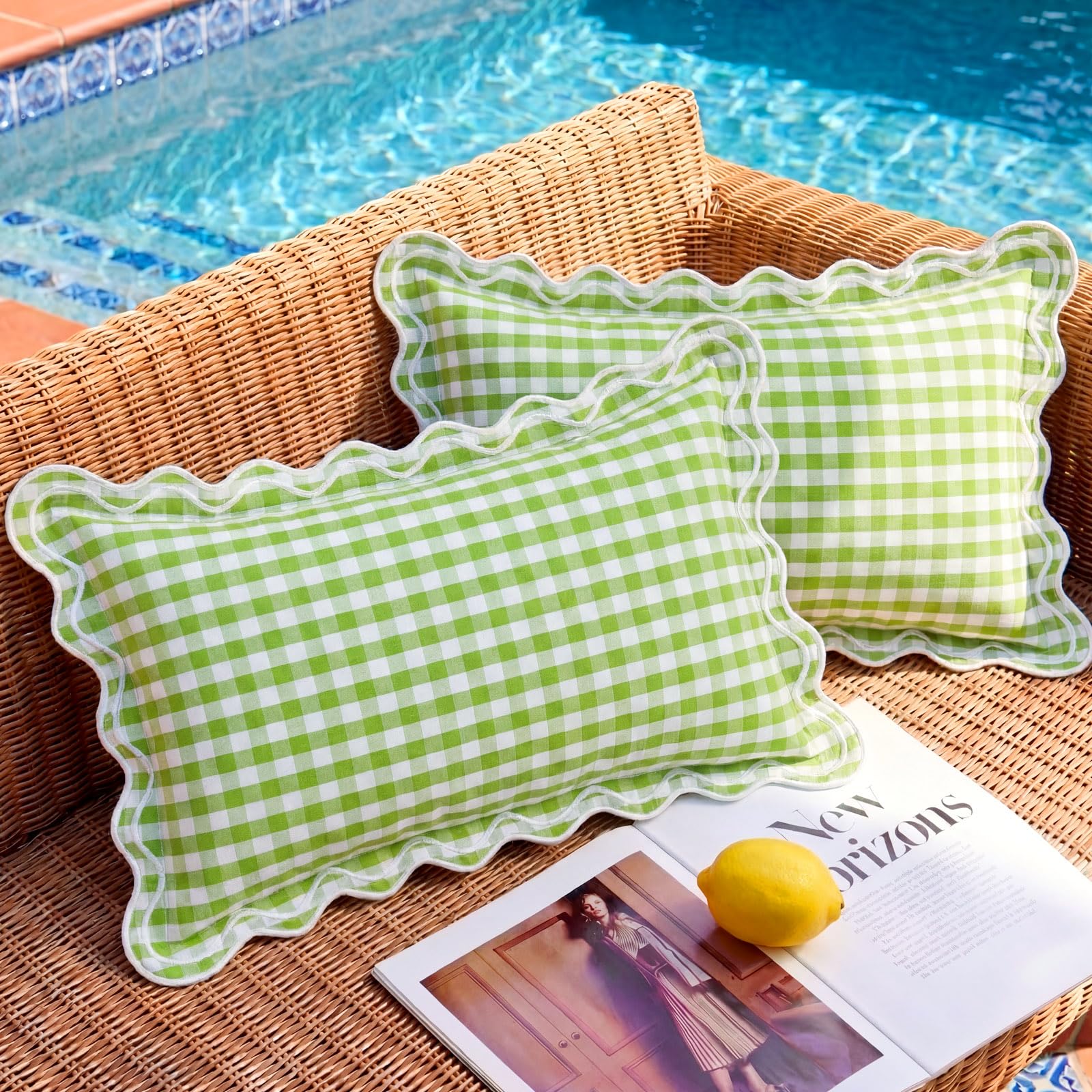 12x20 Navy Blue Gingham Plaid Scalloped Outdoor Lumbar Pillows Waterproof & Fade-Resistant Set of 2, Coastal Checkered Embroidered Ruffle Pillow Covers Decorative for Patio Furniture, Beach Decor