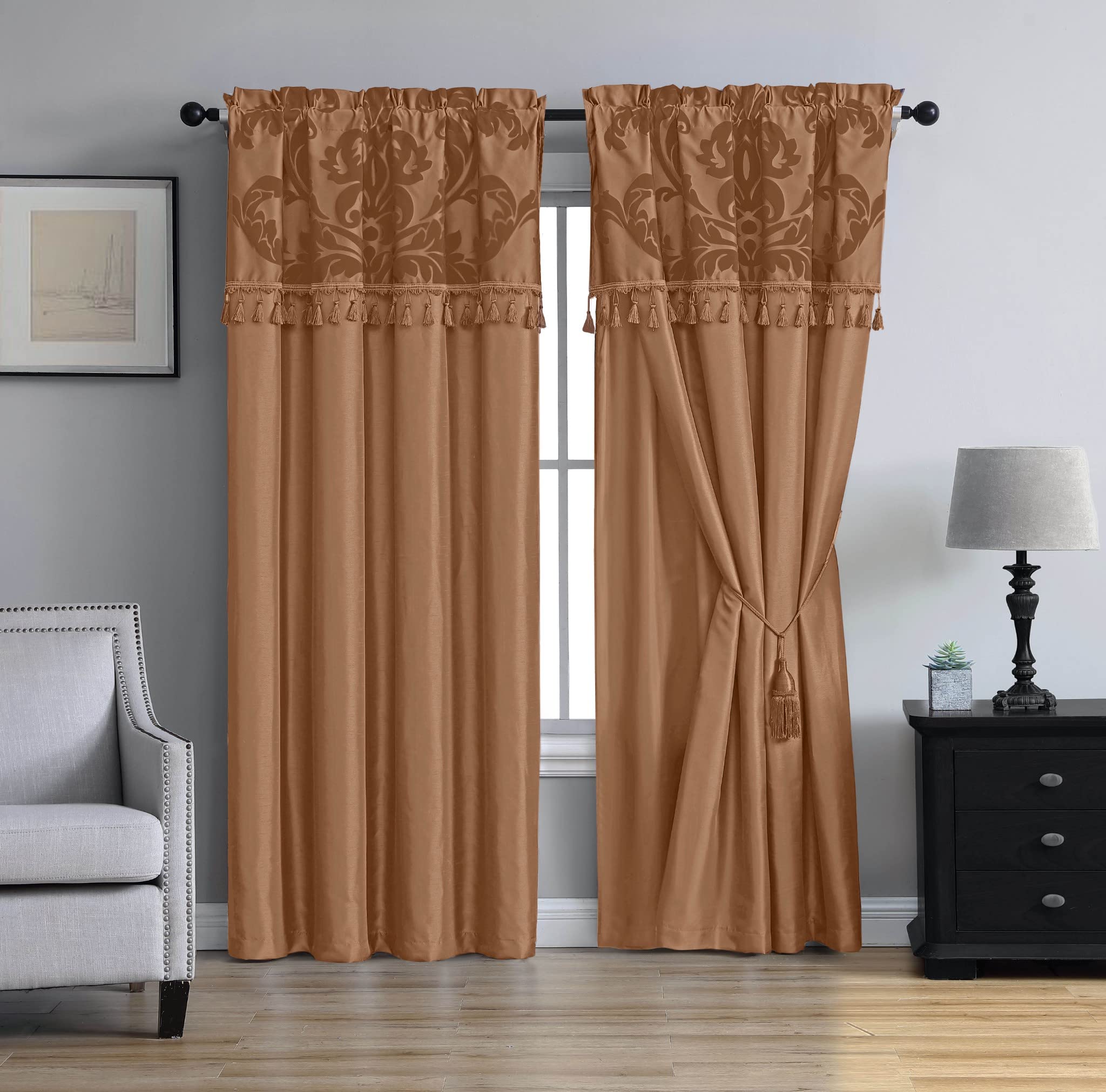 Chezmoi Collection Royale 4-Piece Jacquard Floral Window Curtain/Drape Set with Sheer Backing Valance Tassels, Champagne
