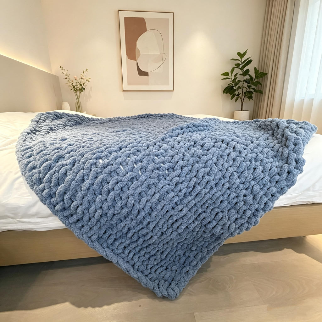 Chunky Knit Throw Blanket 48"*71", Hand Knitted Warm Chenille Blanket, Soft Thick Large Rope Knot Cable Crochet Blankets for Couch Bed Sofa, Ideal (Light Brown)