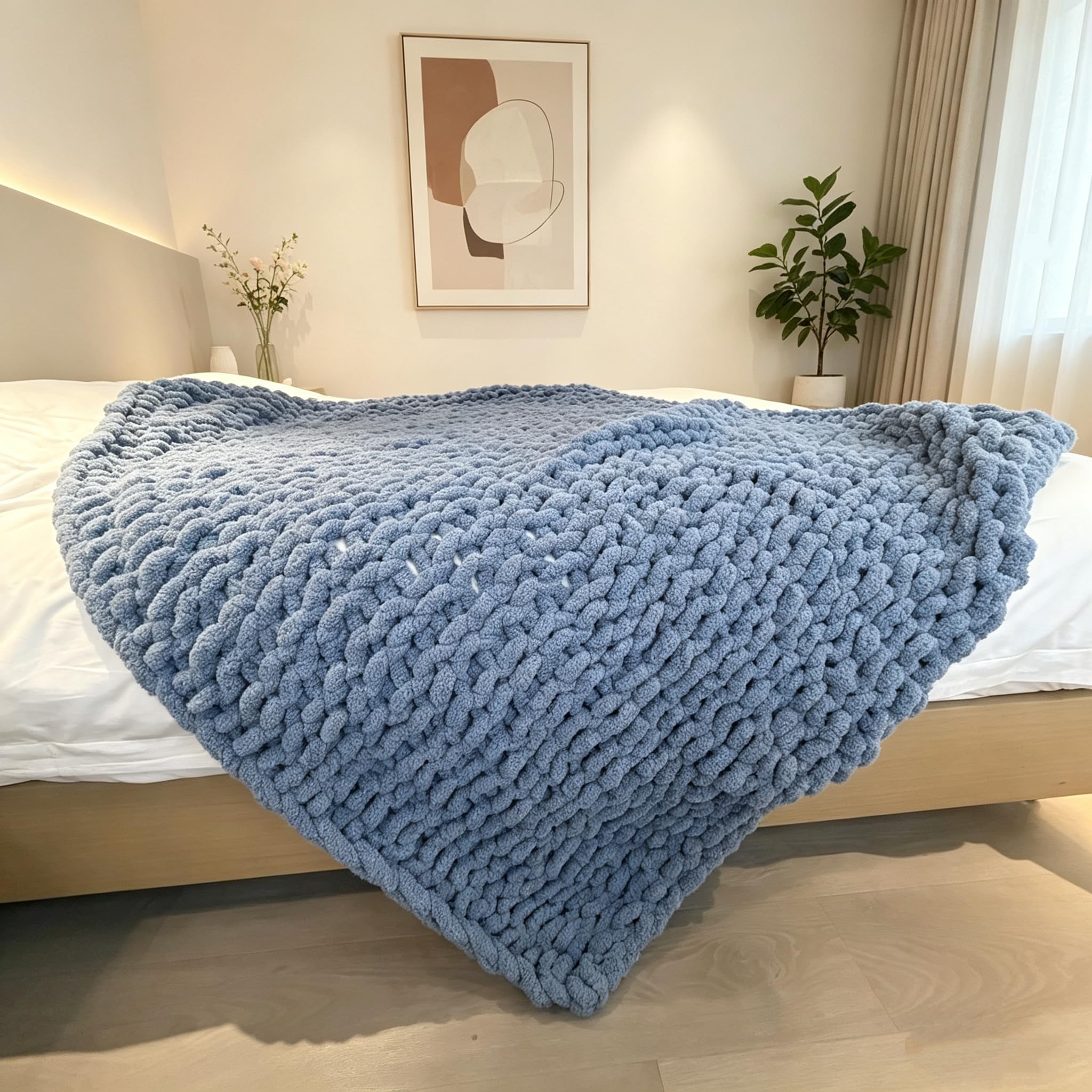 Chunky Knit Throw Blanket 48"*71", Hand Knitted Warm Chenille Blanket, Soft Thick Large Rope Knot Cable Crochet Blankets for Couch Bed Sofa, Ideal (Light Brown)