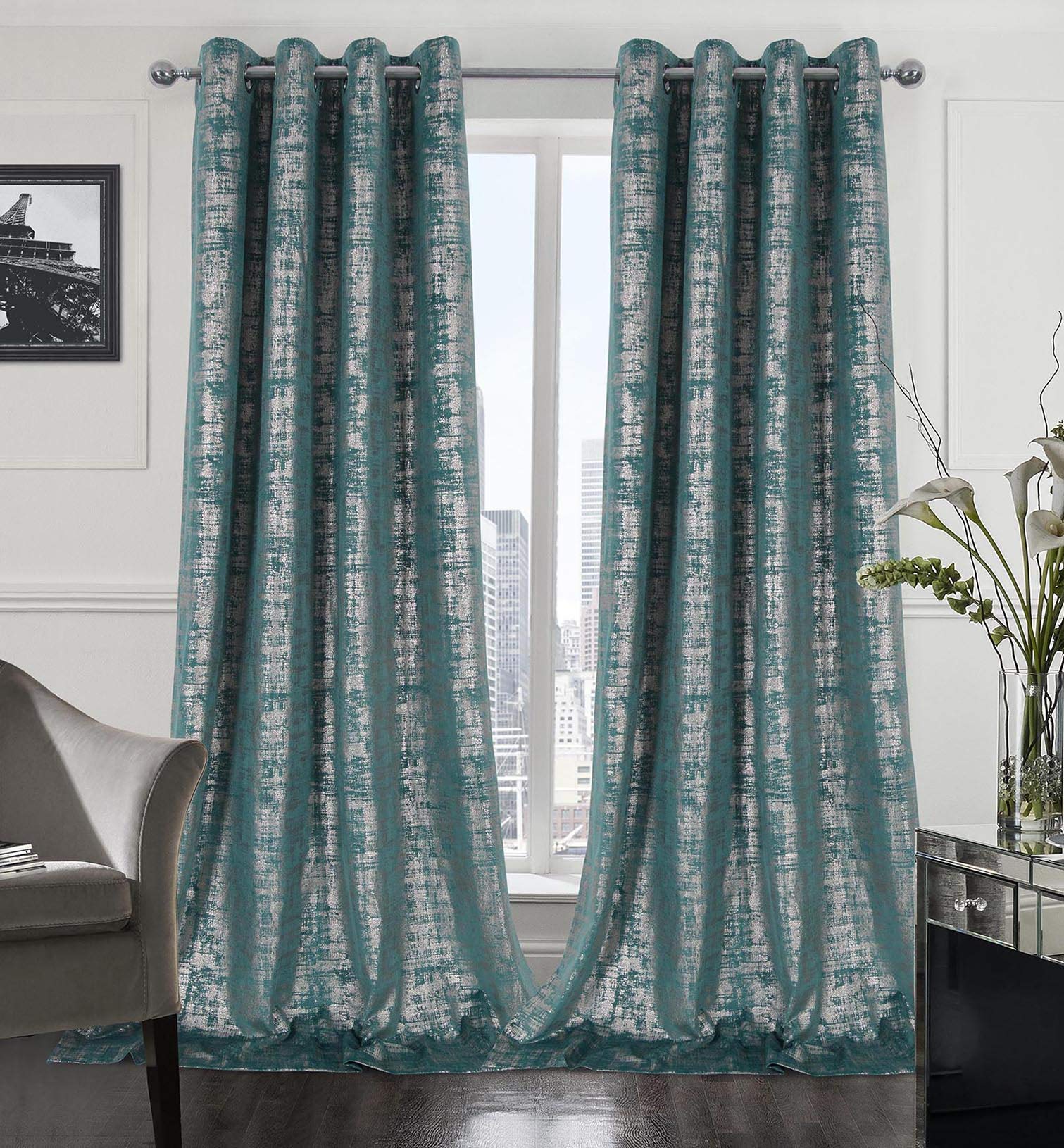 Mocha Velvet 108" Long Curtains with Gold Foil Print Set of 2 Luxury Window Treatments