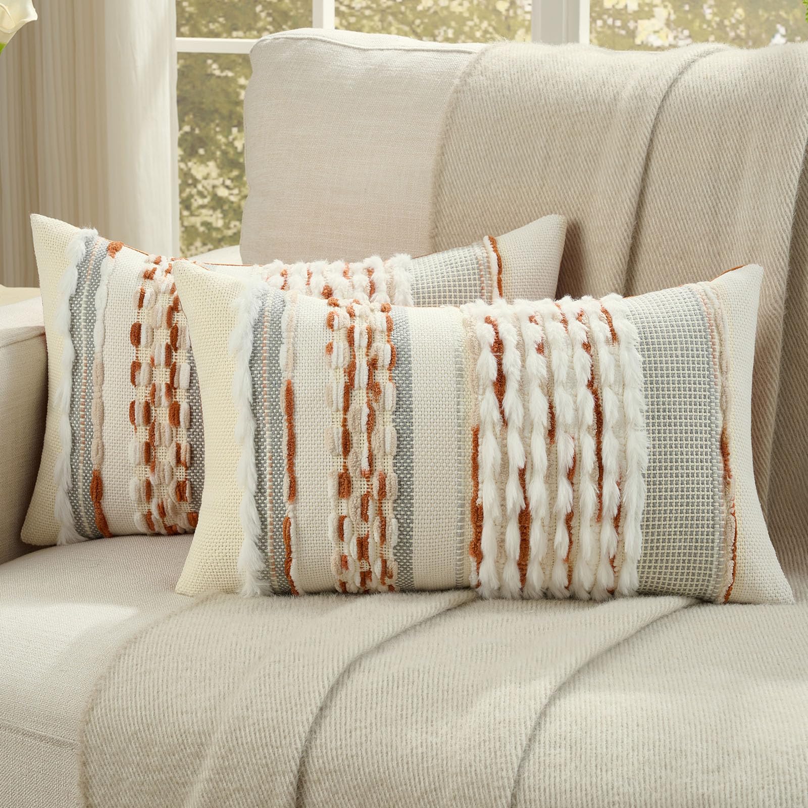 FUTEI Pack of 2 Boho Chenille Decorative Throw Pillow Covers 18x18 Inch Soft Plush Tufted Striped Textured Cushion Case,Farmhouse Accent for Couch Bed Living Room, Orange