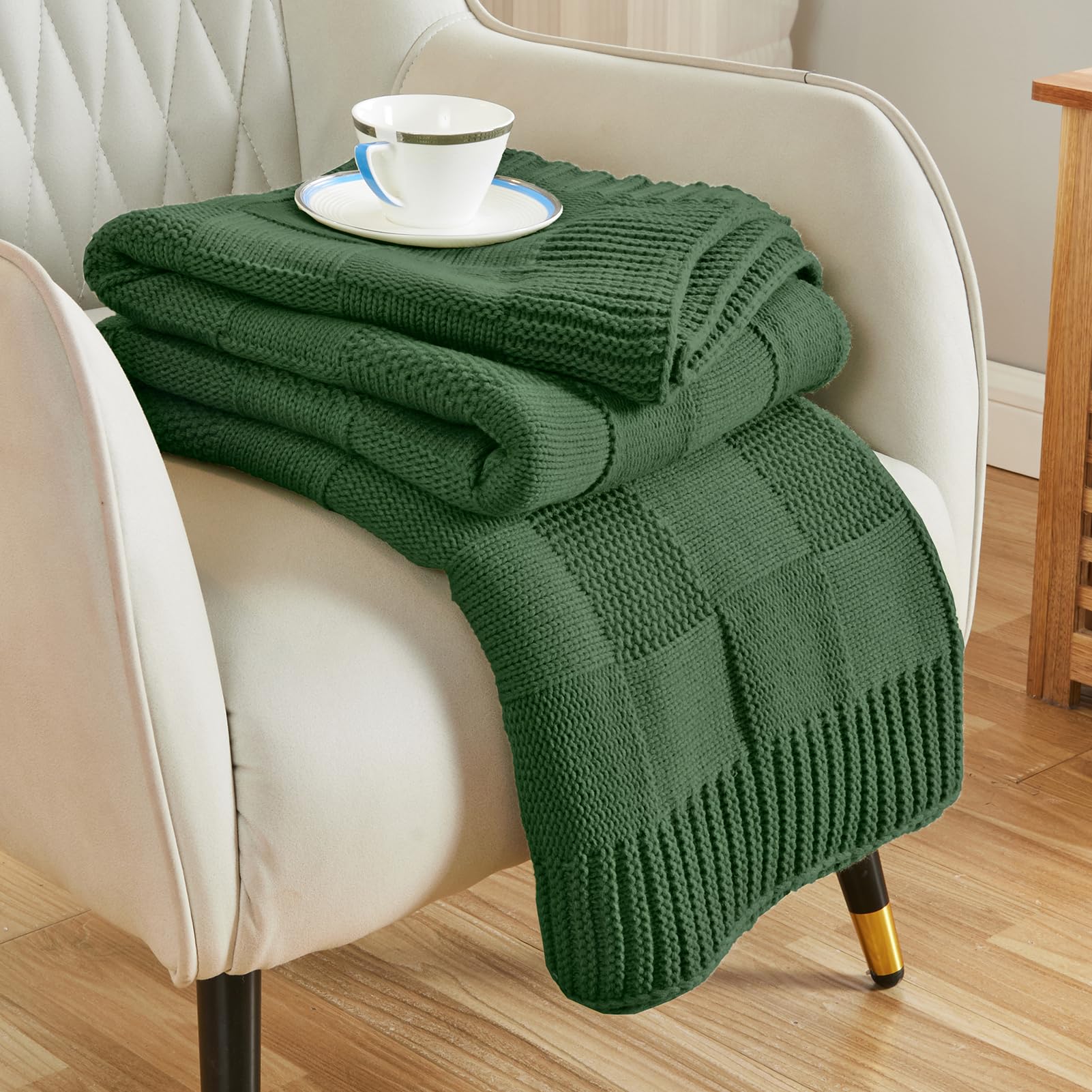 CozeCube Check Knit Throw Blanket, Olive Green Checkered Throw for Couch, Decorative Christmas Soft Cozy Warm Knitted Blanket for Bed Sofa Living Room, 50"X60"