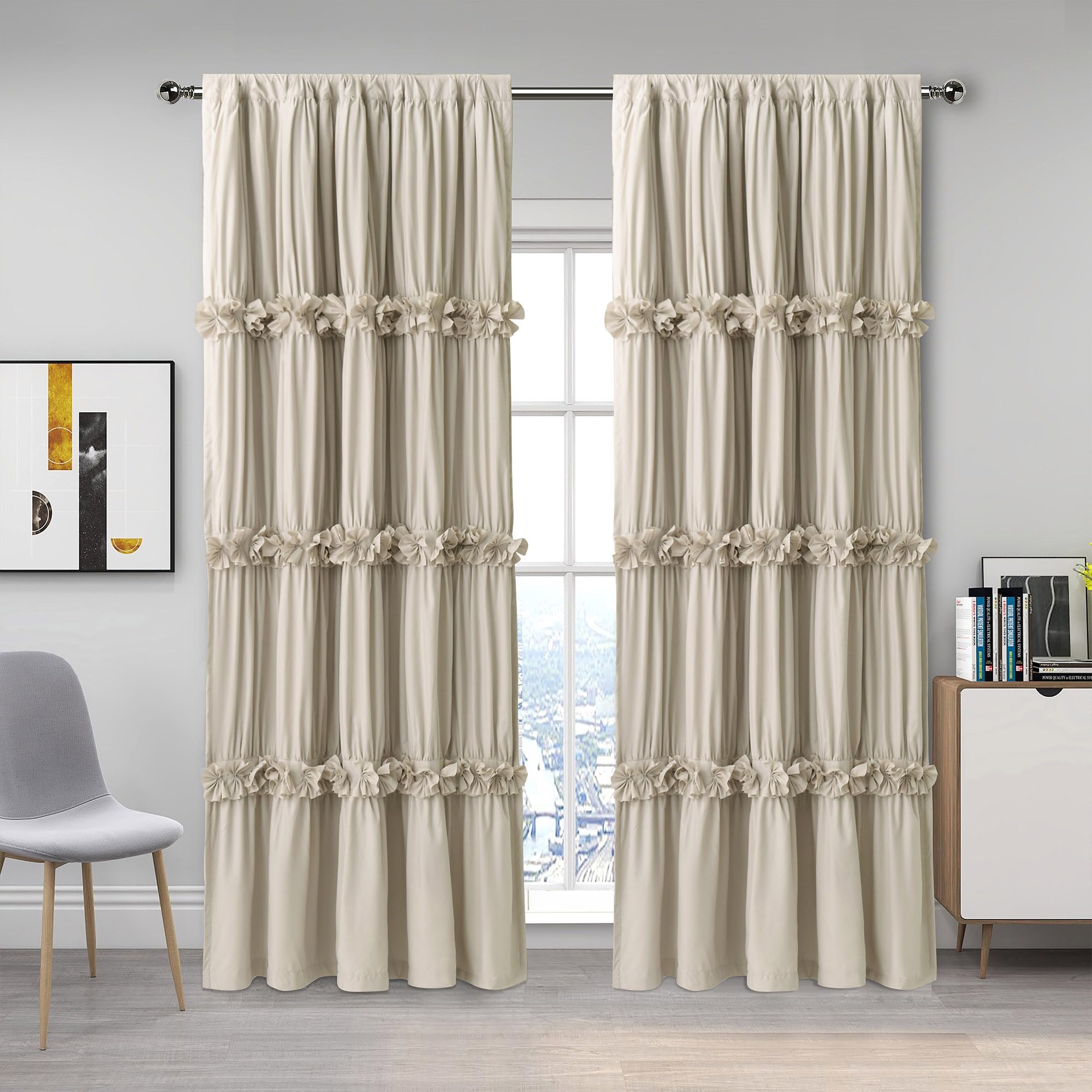 Homechoice Decor Thermal Insulated Blackout Window Curtains, 54" W x 84" L (Pair), Boho Ruched Window Treatments with 3 Rows of Butterfly Flowers, Rustic Rod Pocket Drapes for Room, Camel (LQ-30)