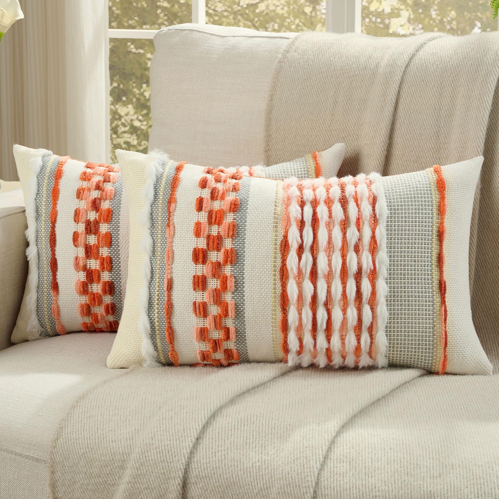 FUTEI Pack of 2 Boho Chenille Decorative Throw Pillow Covers 18x18 Inch Soft Plush Tufted Striped Textured Cushion Case,Farmhouse Accent for Couch Bed Living Room, Orange