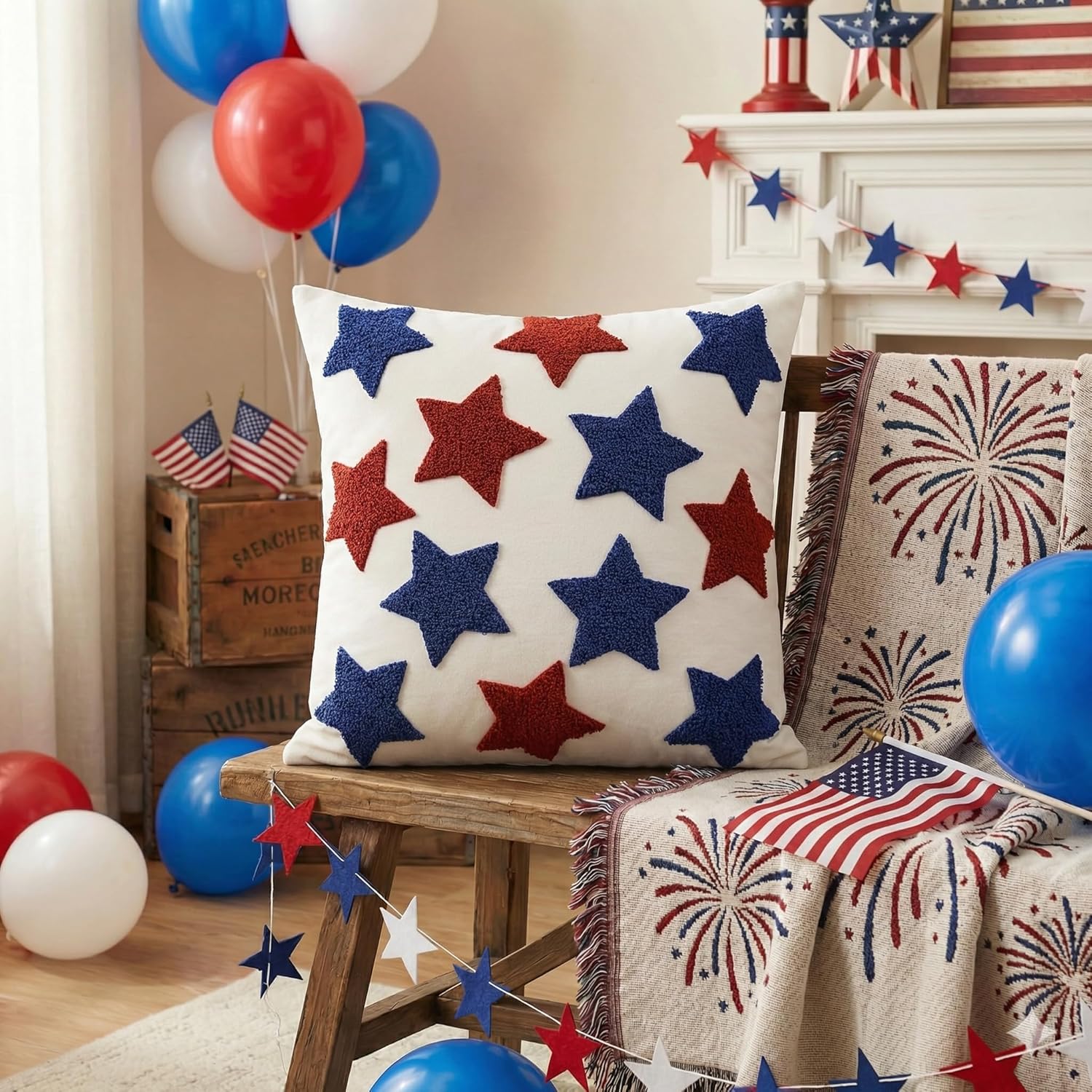 AVOIN colorlife 4th of July Patriotic Red Blue Stars Embroidered Throw Pillow Covers, 18 x 18 Inch Independence Day Decor Tufted Patterned Linen Cushion Case for Sofa Couch Set of 2