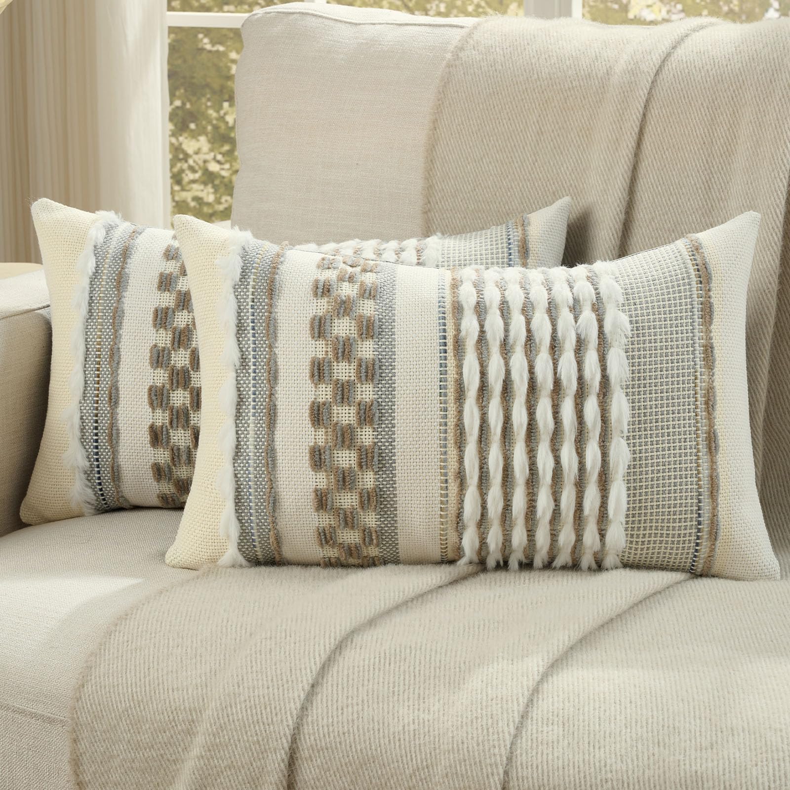 FUTEI Pack of 2 Boho Chenille Decorative Throw Pillow Covers 18x18 Inch Soft Plush Tufted Striped Textured Cushion Case,Farmhouse Accent for Couch Bed Living Room, Orange