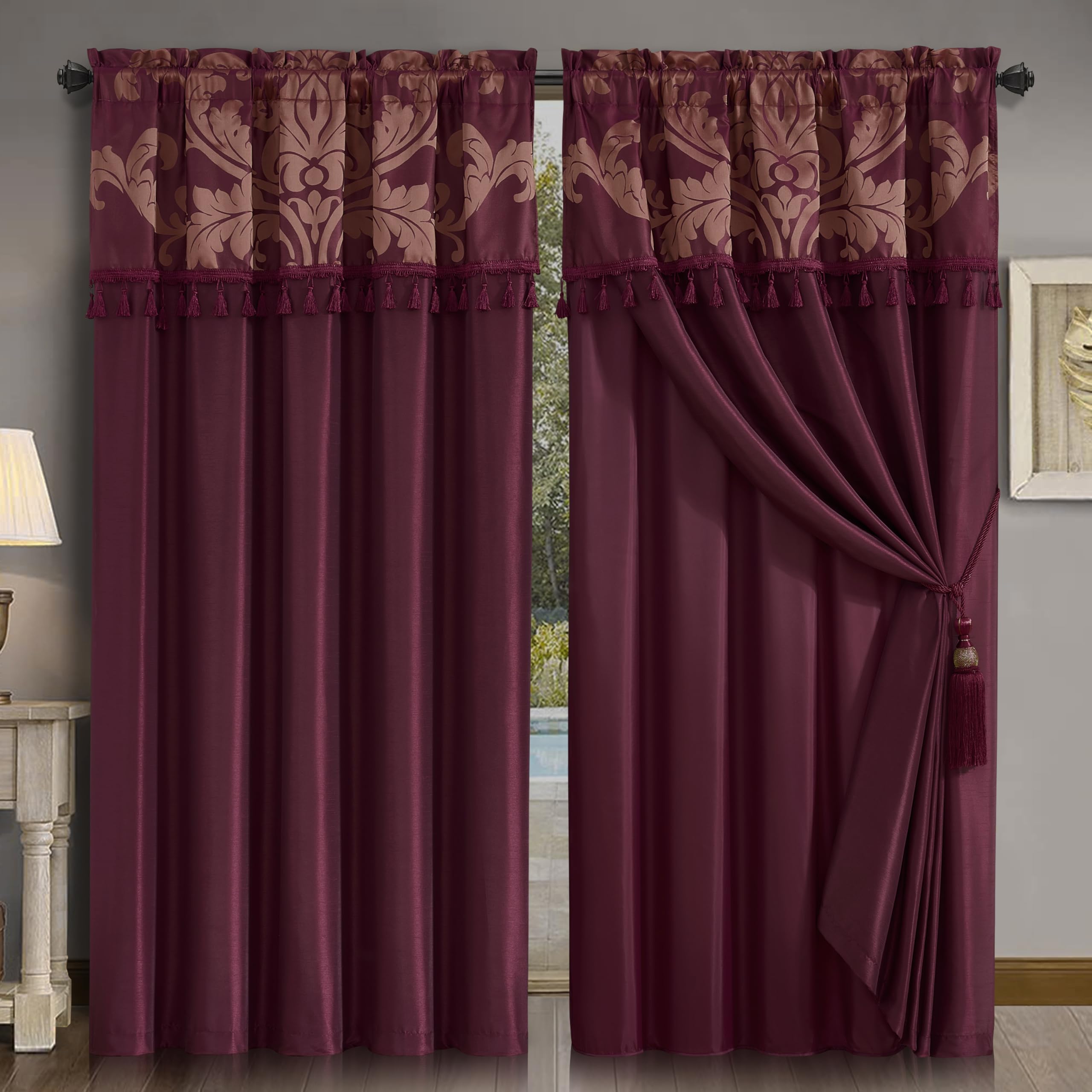 Chezmoi Collection Royale 4-Piece Jacquard Floral Window Curtain/Drape Set with Sheer Backing Valance Tassels, Champagne