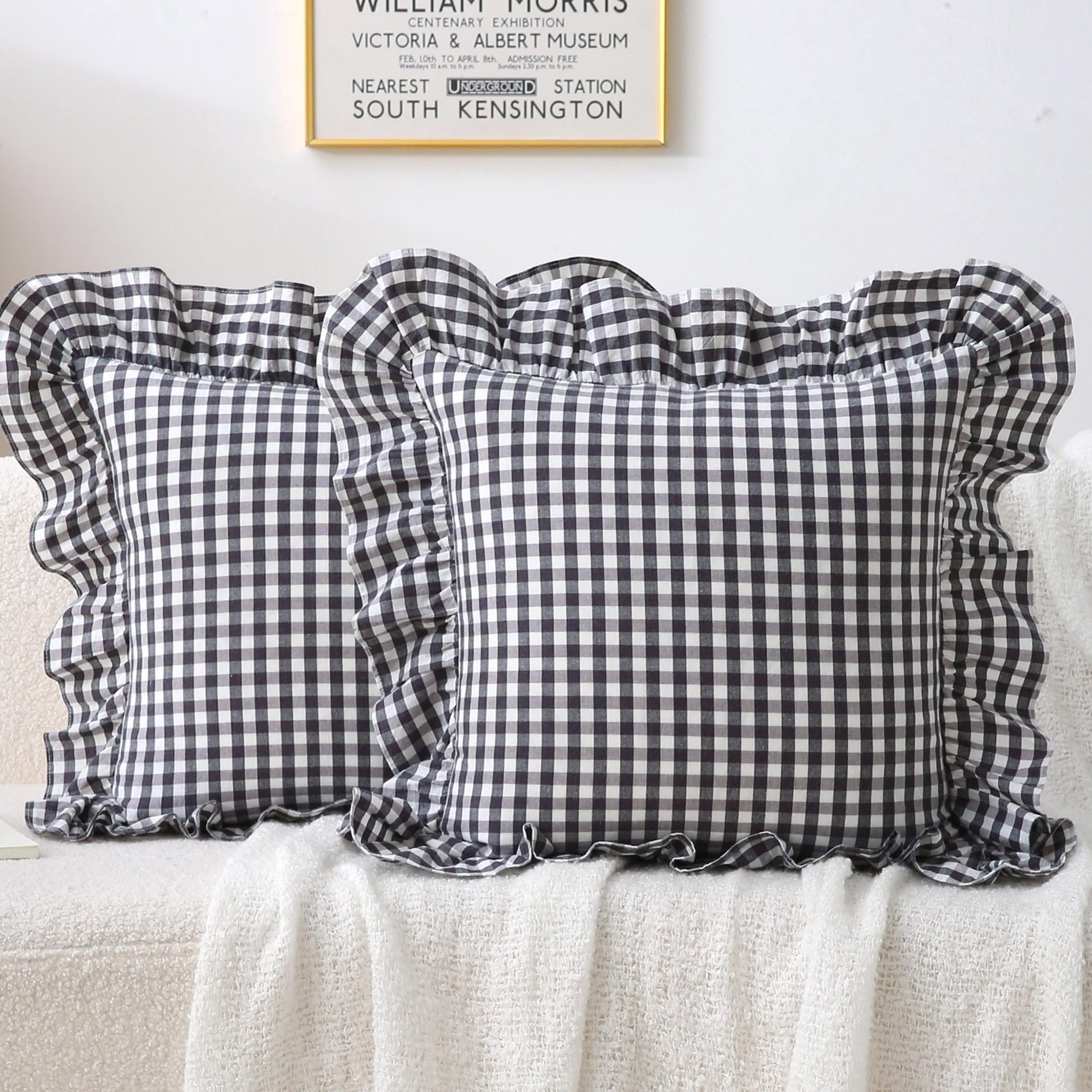 18x18 Taupe White Checkered Cotton Pillow Covers Ruffle Trim Zipper Decor Cushion Cases Set of 2