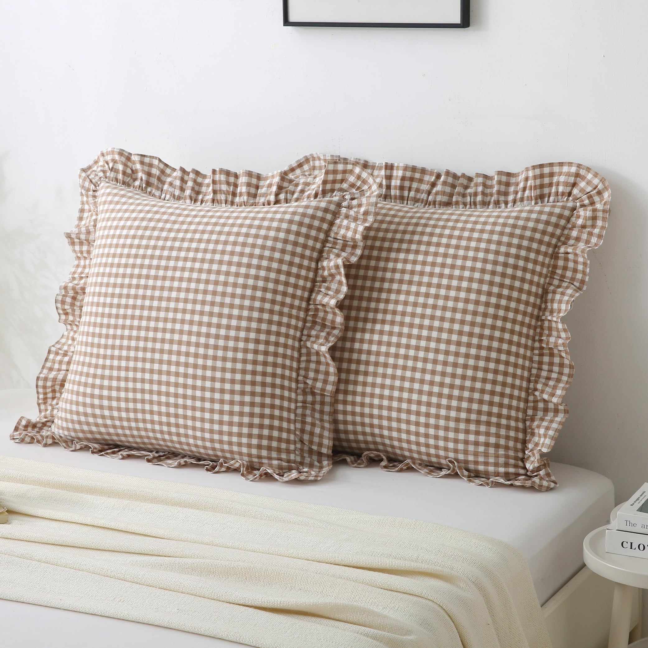 18x18 Taupe White Checkered Cotton Pillow Covers Ruffle Trim Zipper Decor Cushion Cases Set of 2