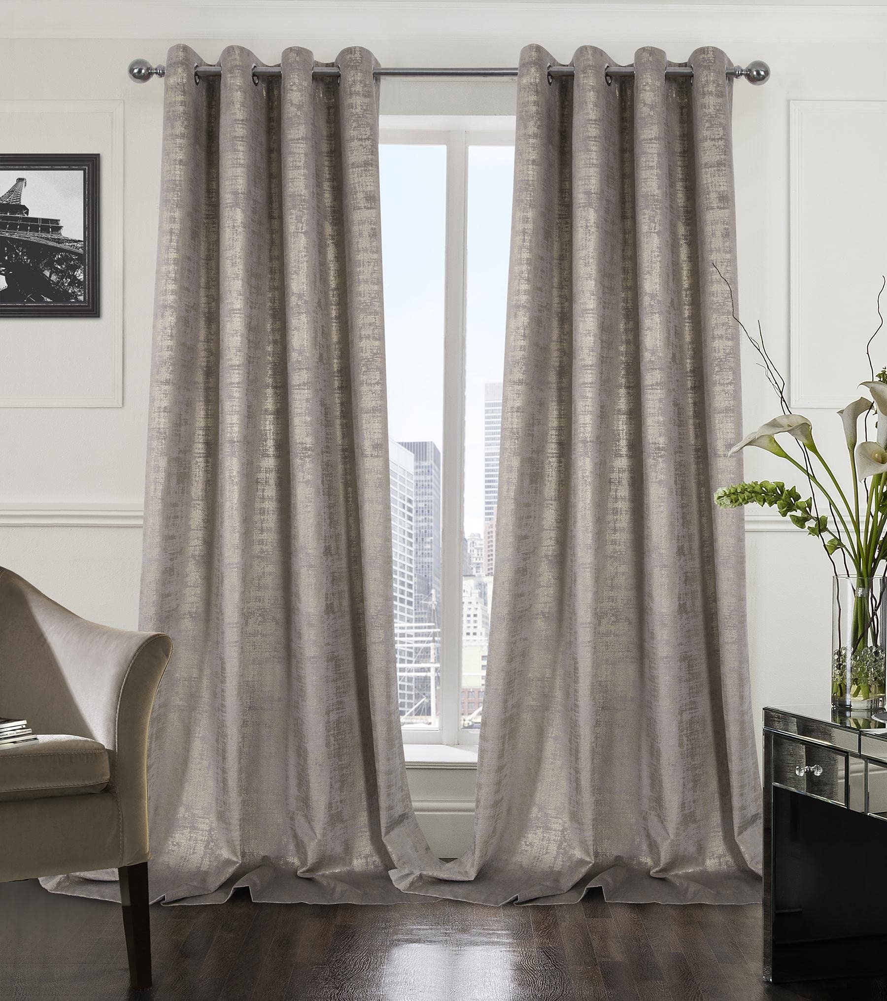 Mocha Velvet 108" Long Curtains with Gold Foil Print Set of 2 Luxury Window Treatments