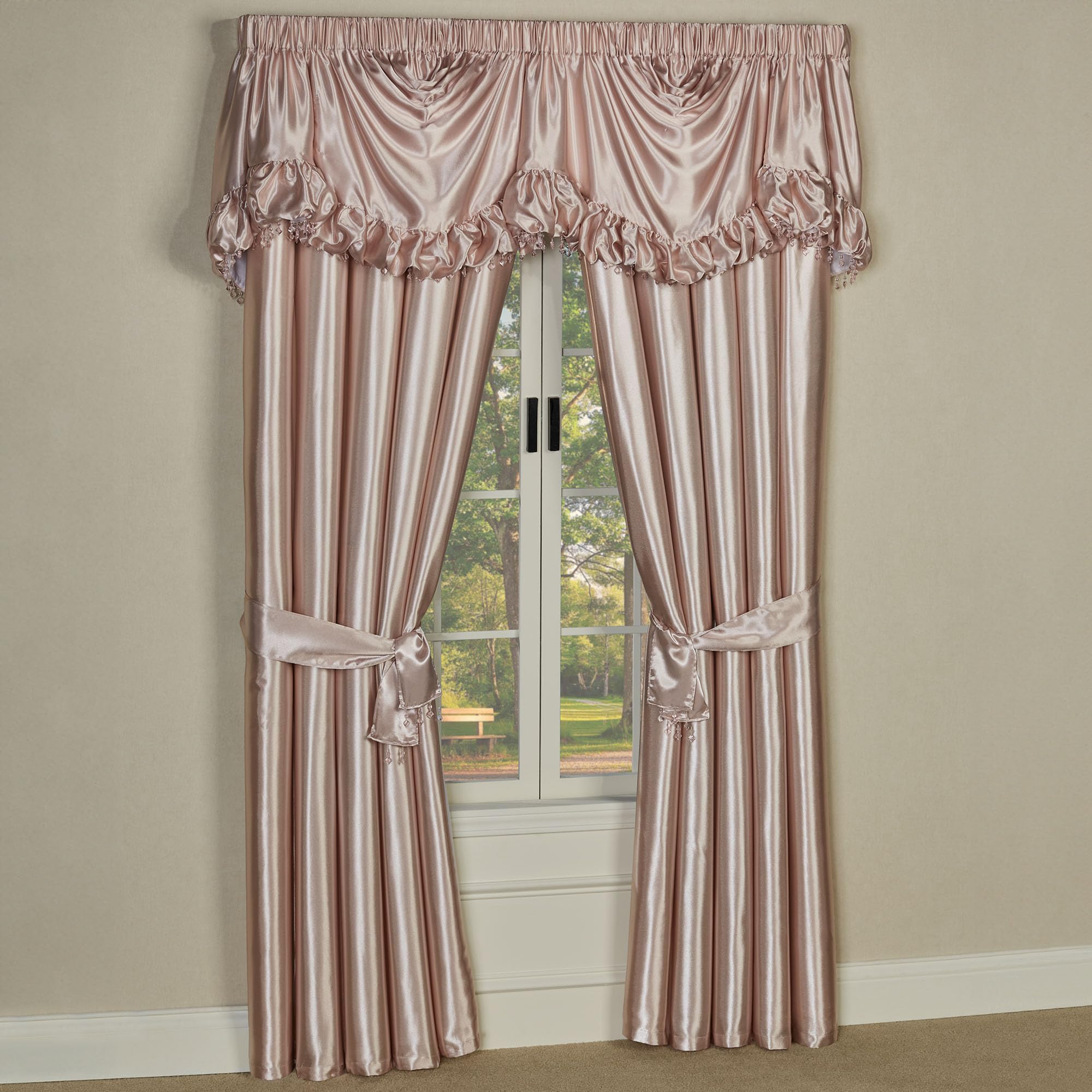 Touch of Class Portia Luxury Window Treatment | Rich Smoky Topaz | Premier Smooth Polyester Satin Elegant 2 Piece Lined Window Drapery Set with Empire Valance and 84 Inch Long Curtain Pair