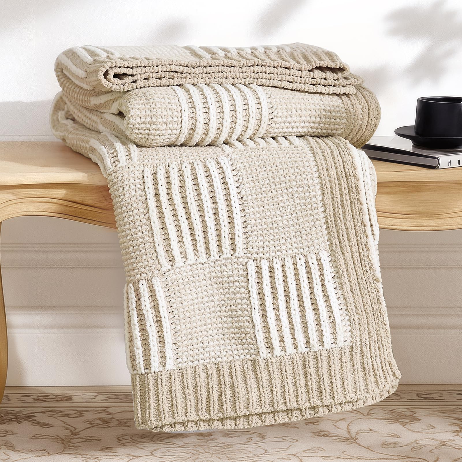 Sage Green Chunky Chenille Knit Throw Blanket 50x60 Inch Checkered Decor Blanket for Couch Bed