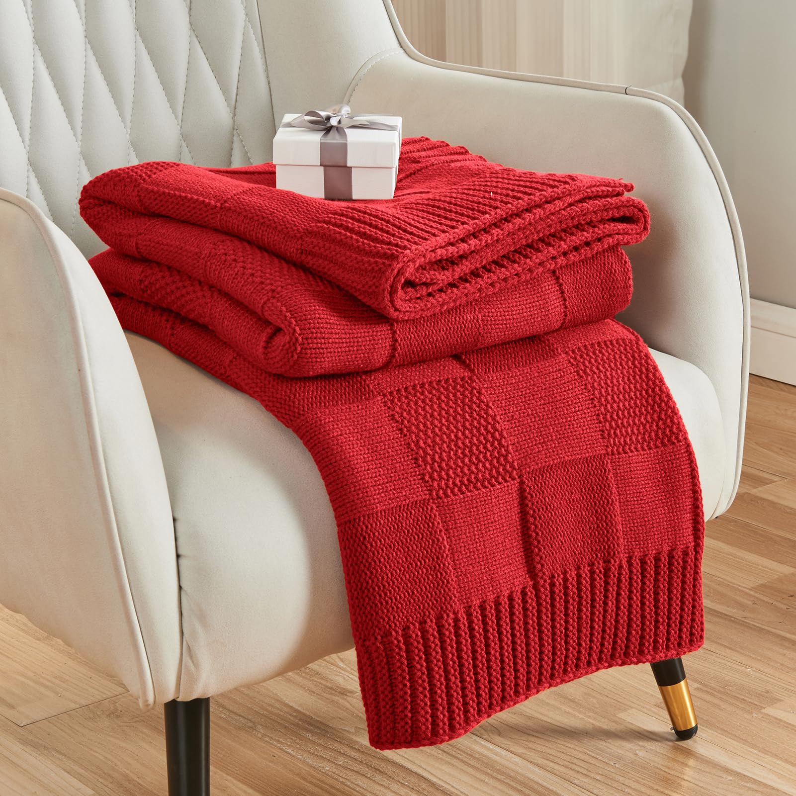 CozeCube Check Knit Throw Blanket, Olive Green Checkered Throw for Couch, Decorative Christmas Soft Cozy Warm Knitted Blanket for Bed Sofa Living Room, 50"X60"