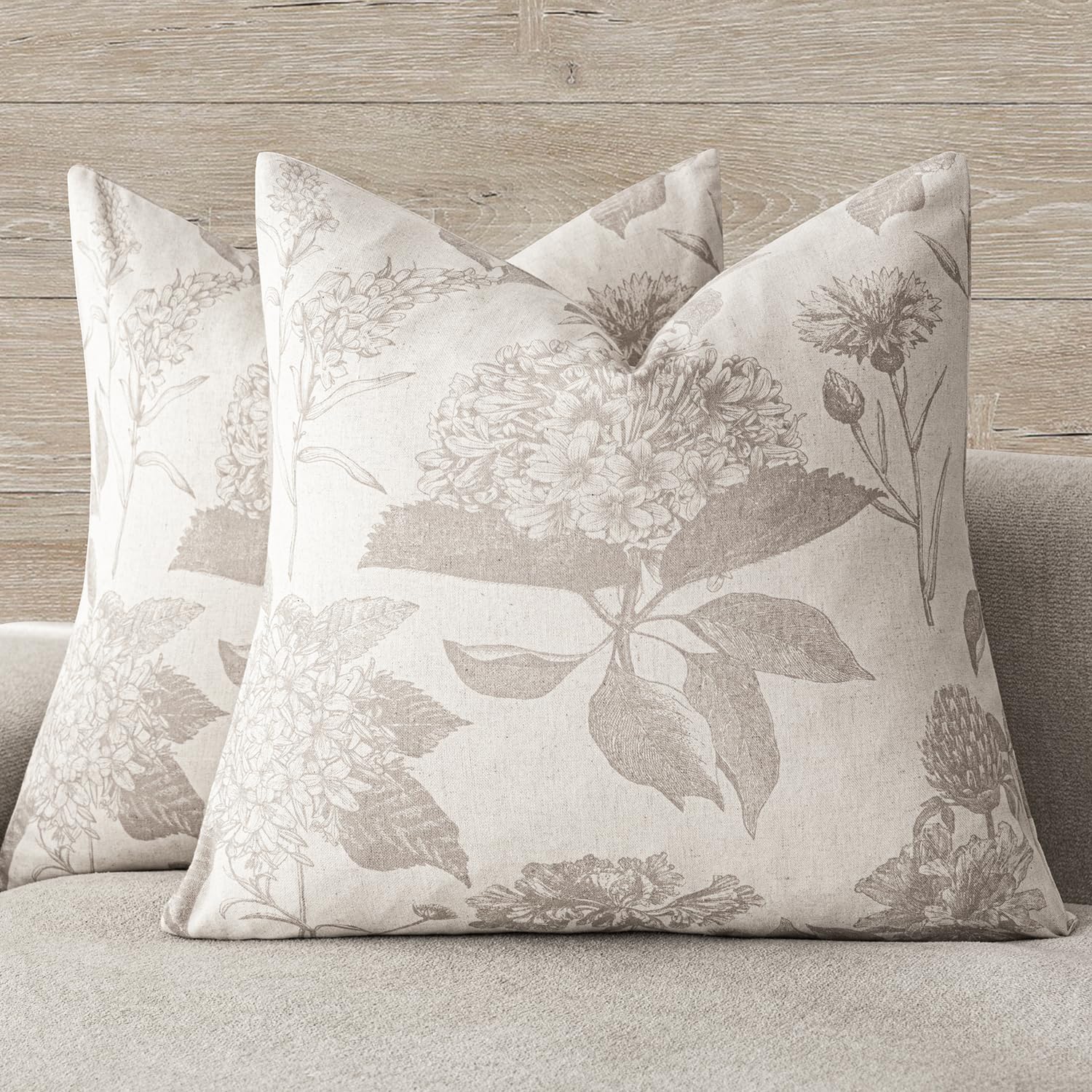 Foindtower Set of 2 Linen Floral Throw Pillow Covers Neutral Vintage Print Decorative Cushion Covers Farmhouse Boho Home Decor for Sofa Chair Couch Bedroom Living Room,22×22 Inch,Sage Green
