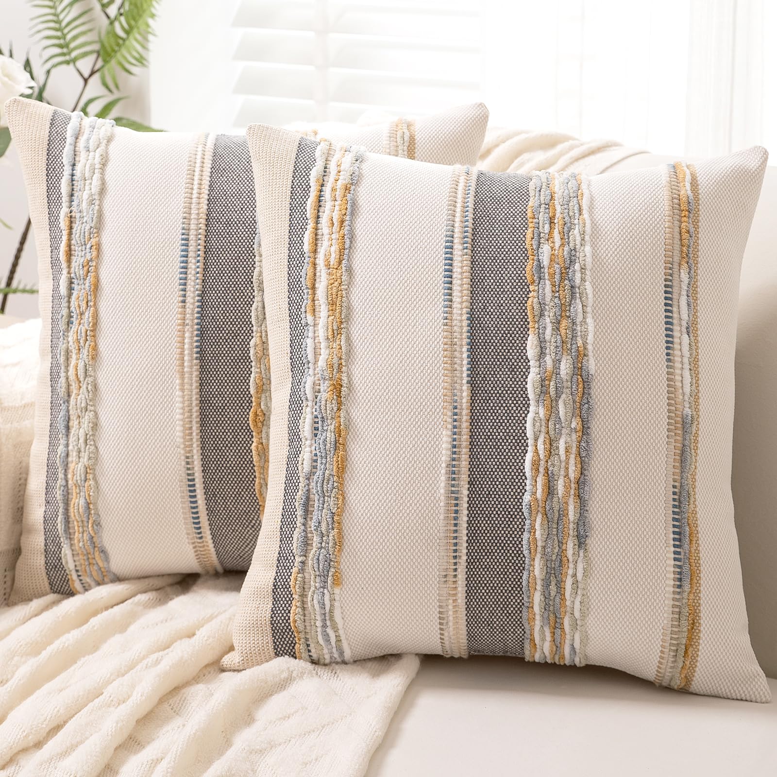 Boho Throw Pillow Covers 18x18 Set of 2 Farmhouse Decorative Cushion Case Striped Square Pillows Cover Chenille Pillow Cases Accent Neutral Pillowcase for Sofa Couch Bed,Yellow