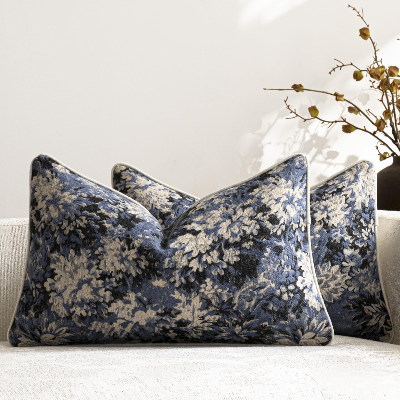 DEZENE Pack of 2 Vintage Floral Throw Pillow Covers 20x20 Boho Farmhouse Accents Chenille Square Decorative Pillow Cases for Living Room Couch Bed Home Decor, Dark Brown