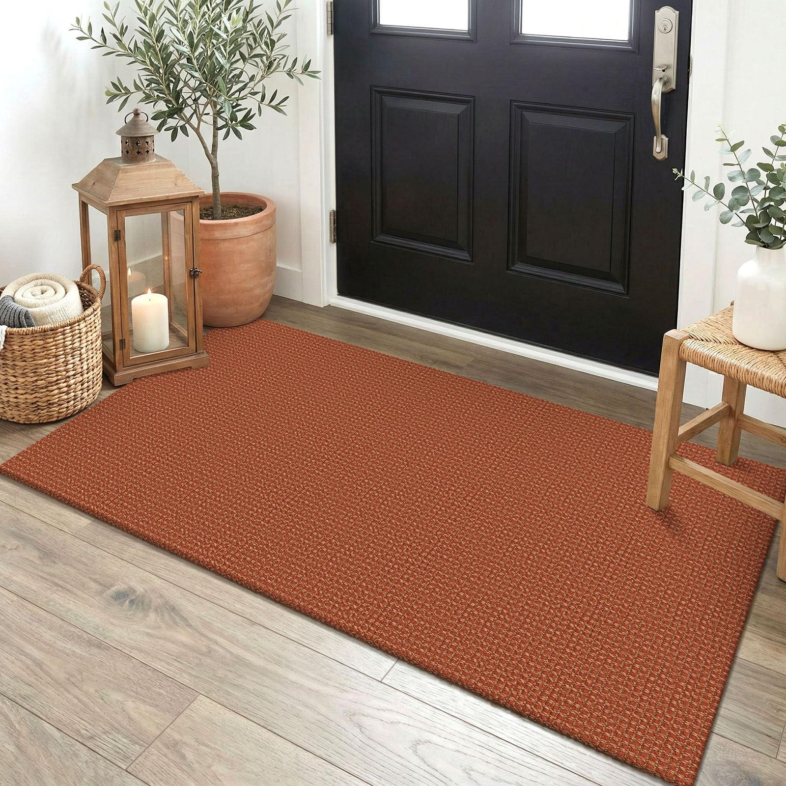 EARTHALL Woven Area Rug 4x6 Ft Washable Rugs for Entryway Non Slip Braided Throw Rugs Bedroom Carpet Cotton Entry Rug Cotton Floor Carpets for Bedroom Dining Room Living Room, Orange/Tan/Brown