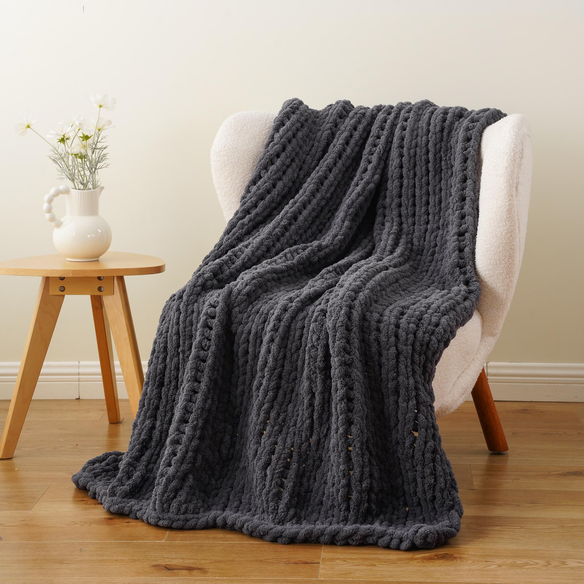 Battilo Chunky Knit Throw Blanket for Couch, Soft and Thick Chenille Throw Blanket, 50"x60" Handmade Cable Knit Crochet Blanket, Bluish Grey Knot Knitted Throw Blankets for Home Decor, Bluish Grey