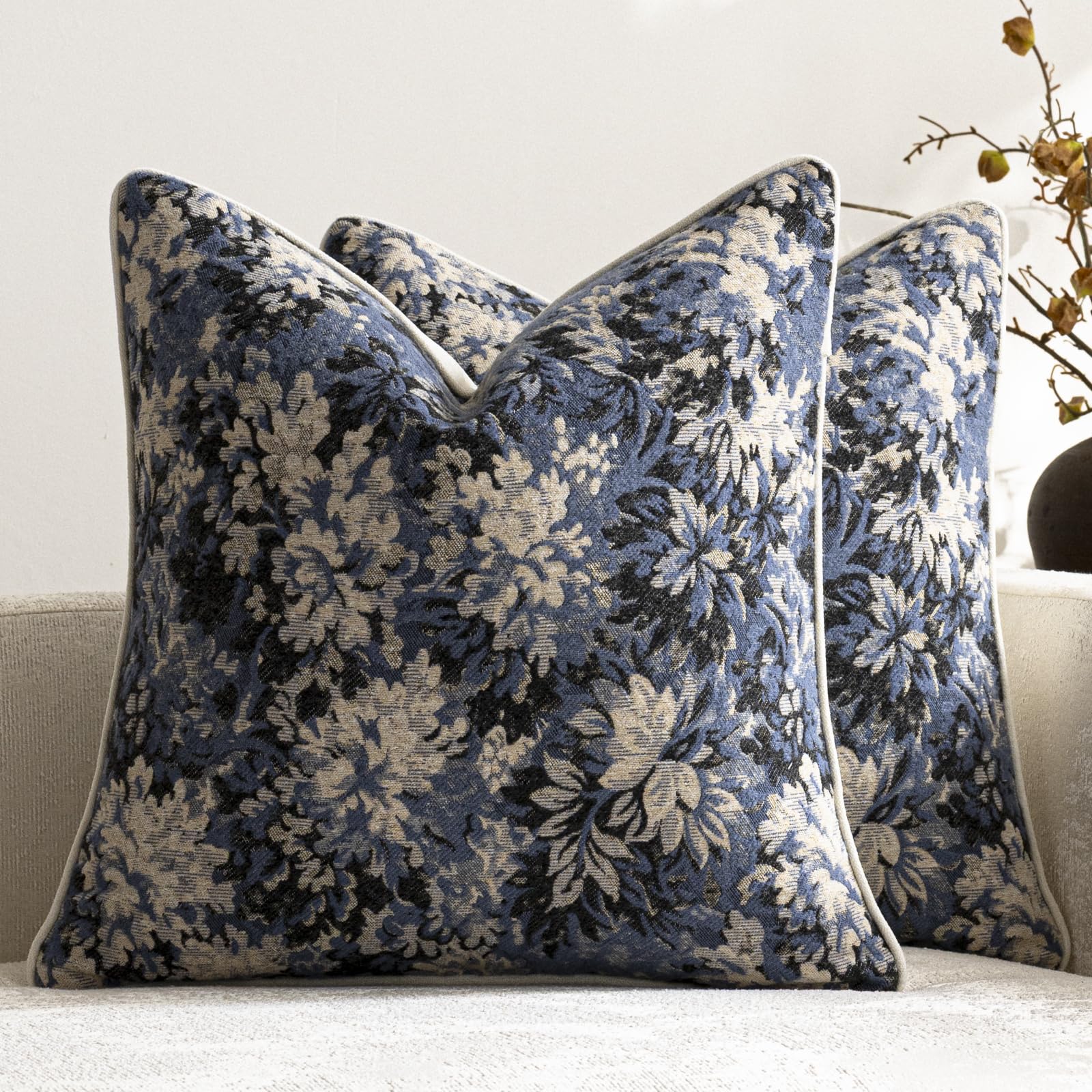 DEZENE Pack of 2 Vintage Floral Throw Pillow Covers 20x20 Boho Farmhouse Accents Chenille Square Decorative Pillow Cases for Living Room Couch Bed Home Decor, Dark Brown