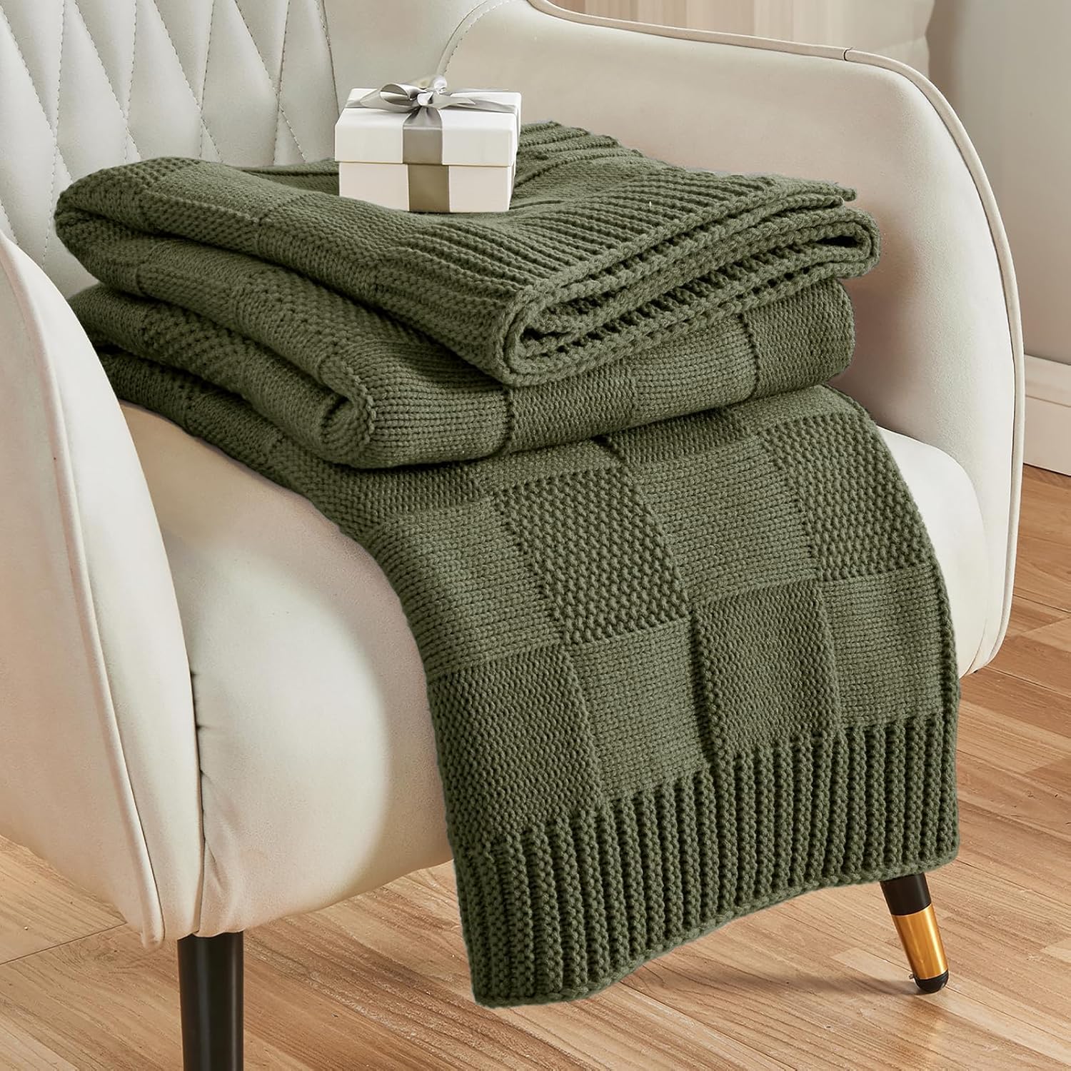 CozeCube Check Knit Throw Blanket, Olive Green Checkered Throw for Couch, Decorative Christmas Soft Cozy Warm Knitted Blanket for Bed Sofa Living Room, 50"X60"